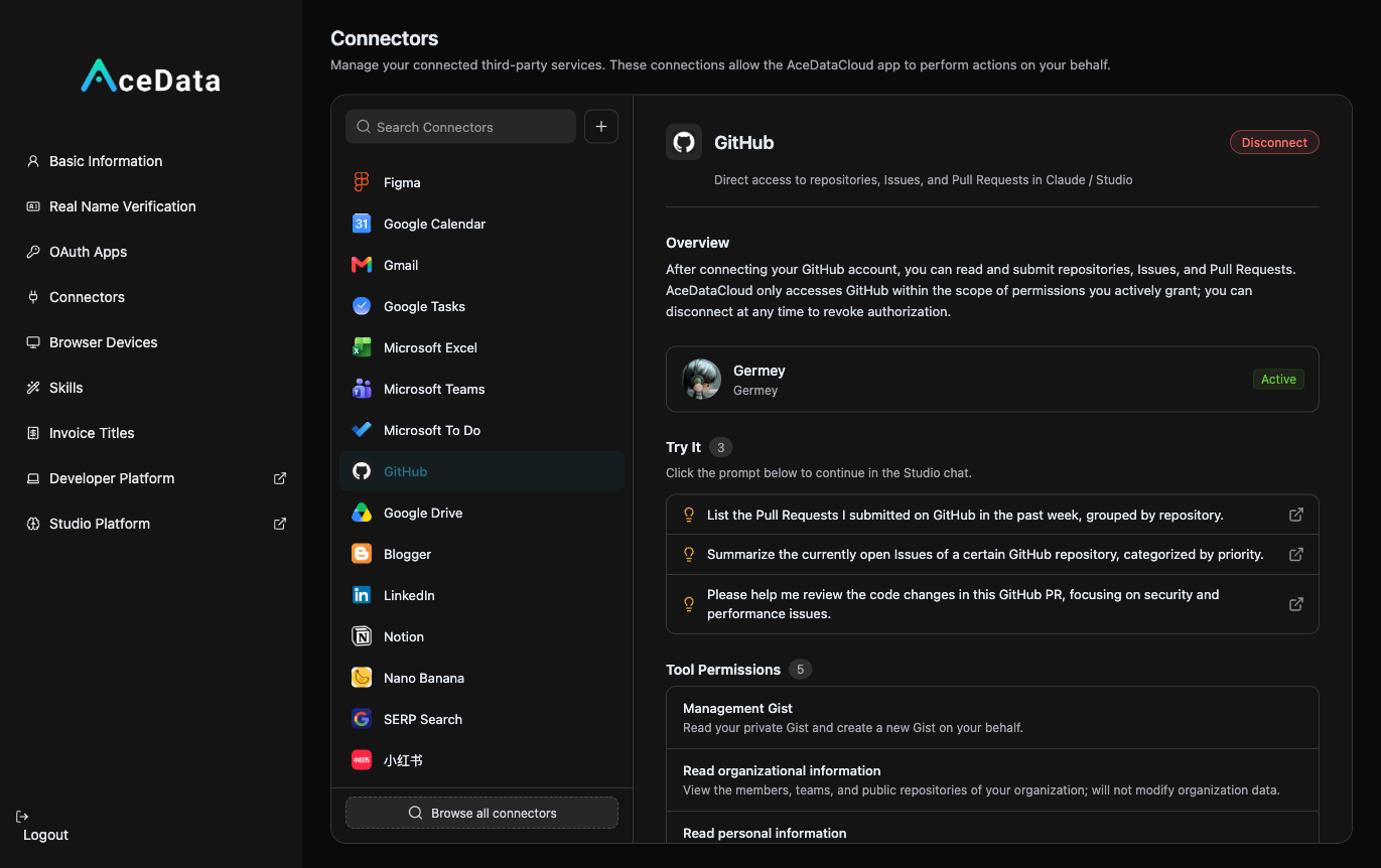 GitHub Connector Details: Official OAuth Authorization, capable of creating repositories/files, Gists, Issues, PRs, Releases, and other write operations