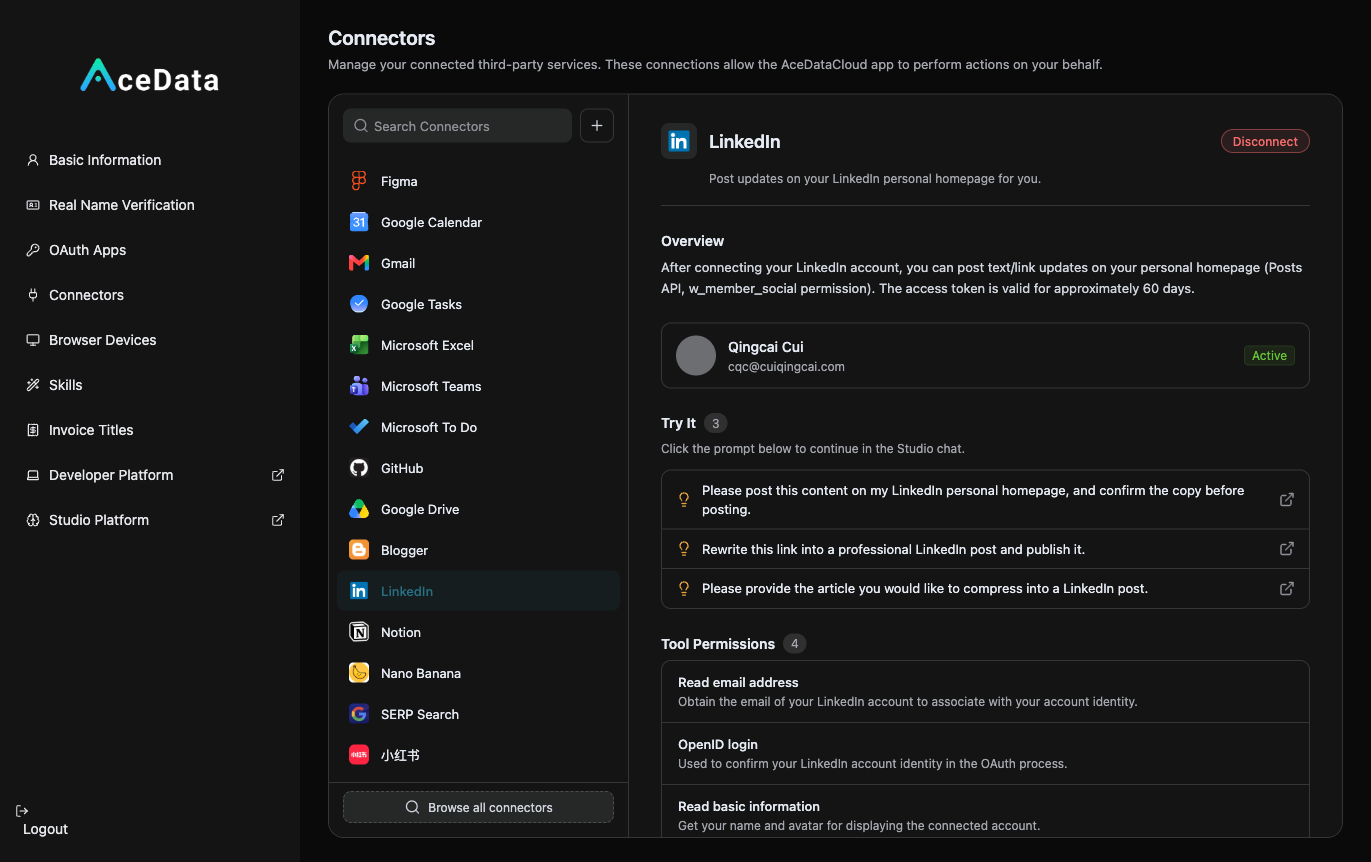 LinkedIn Connector Details: Official OAuth Authorization (w_member_social), supports posting text/link updates to personal homepage