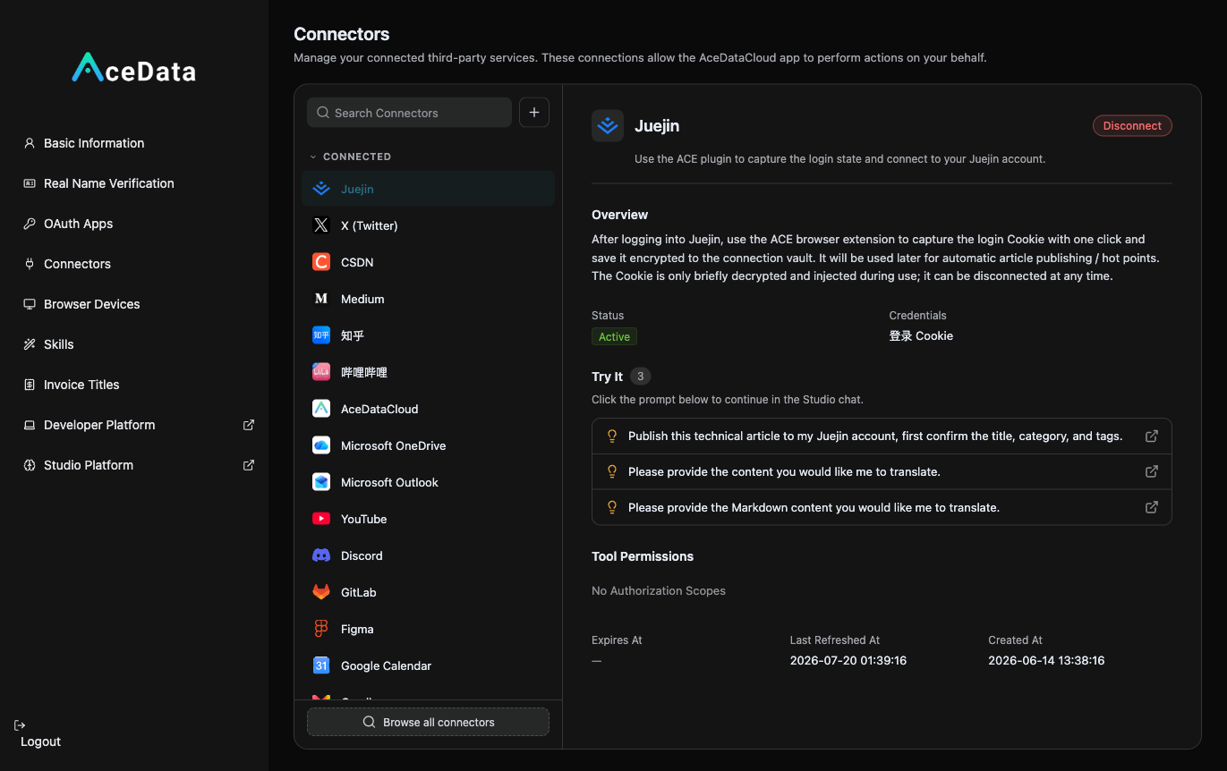 Connecting WordPress on the connection page: fill in site address + username + application password, using the self-hosted official REST API