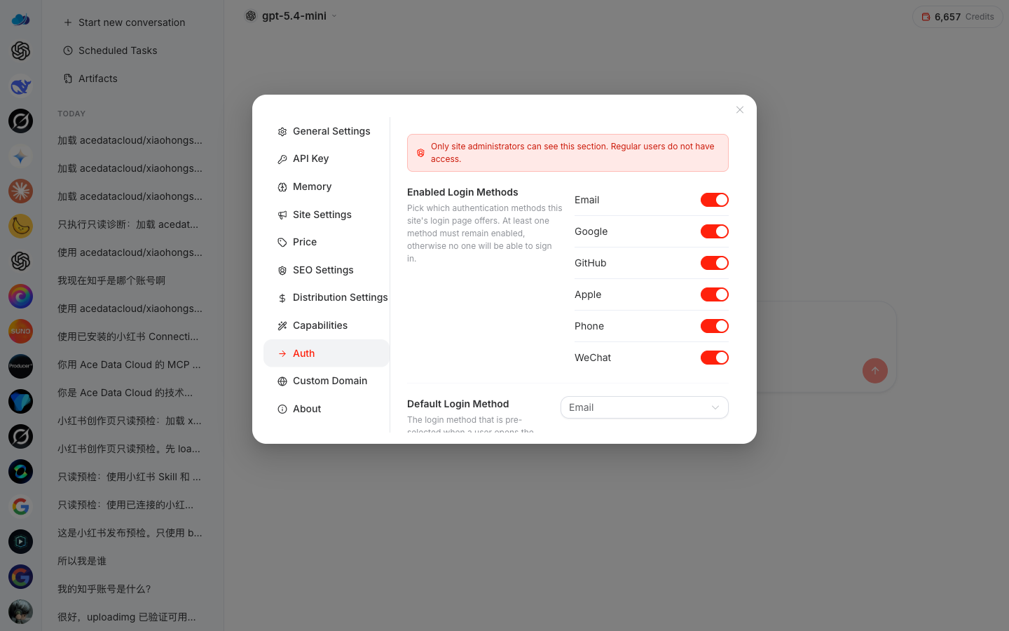 Auth: Check enabled login methods (Email/Google/GitHub/Apple/Phone/WeChat), default method, login form, custom SMS signature
