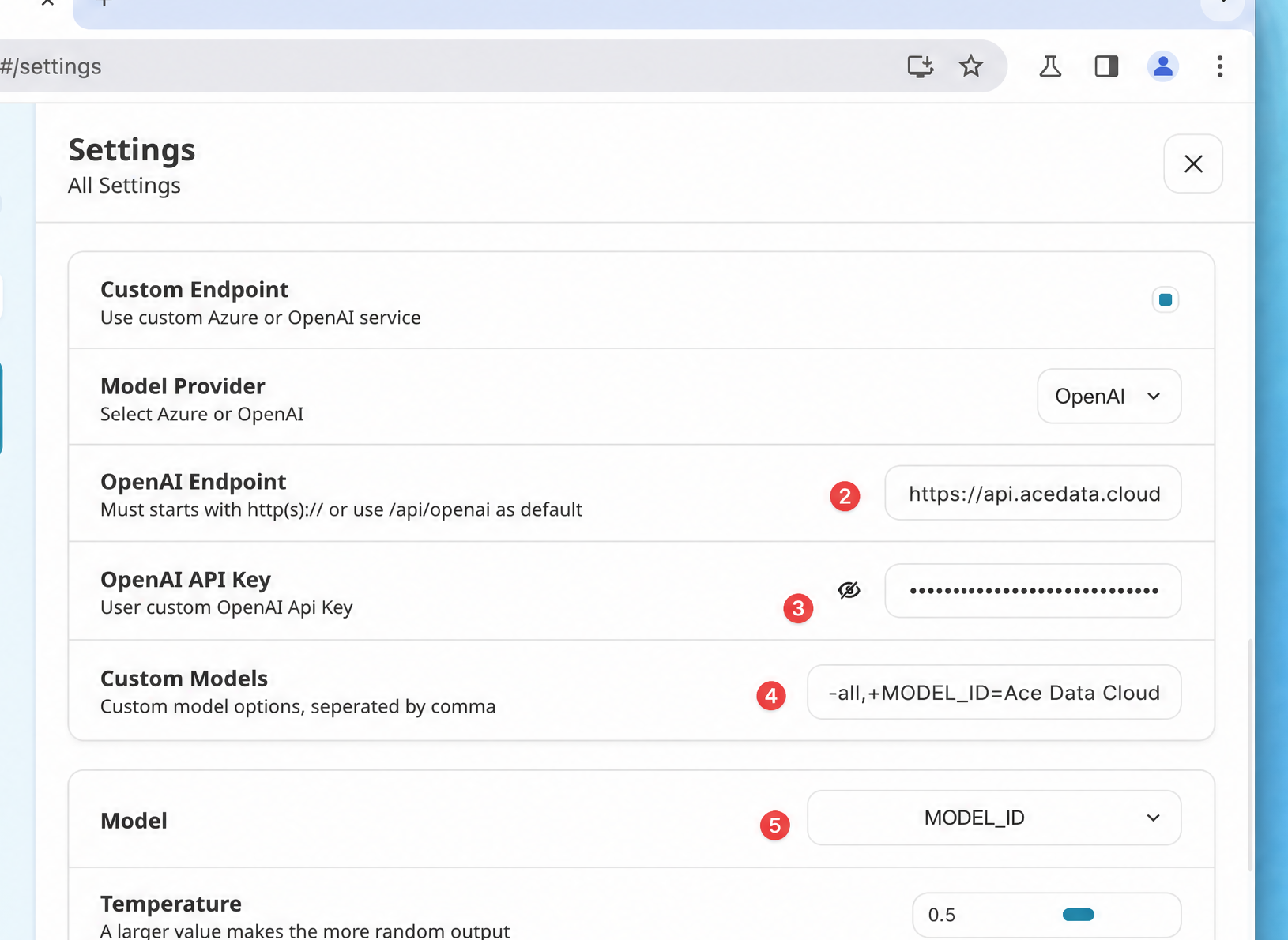 NextChat 知数云 Configuration Screen