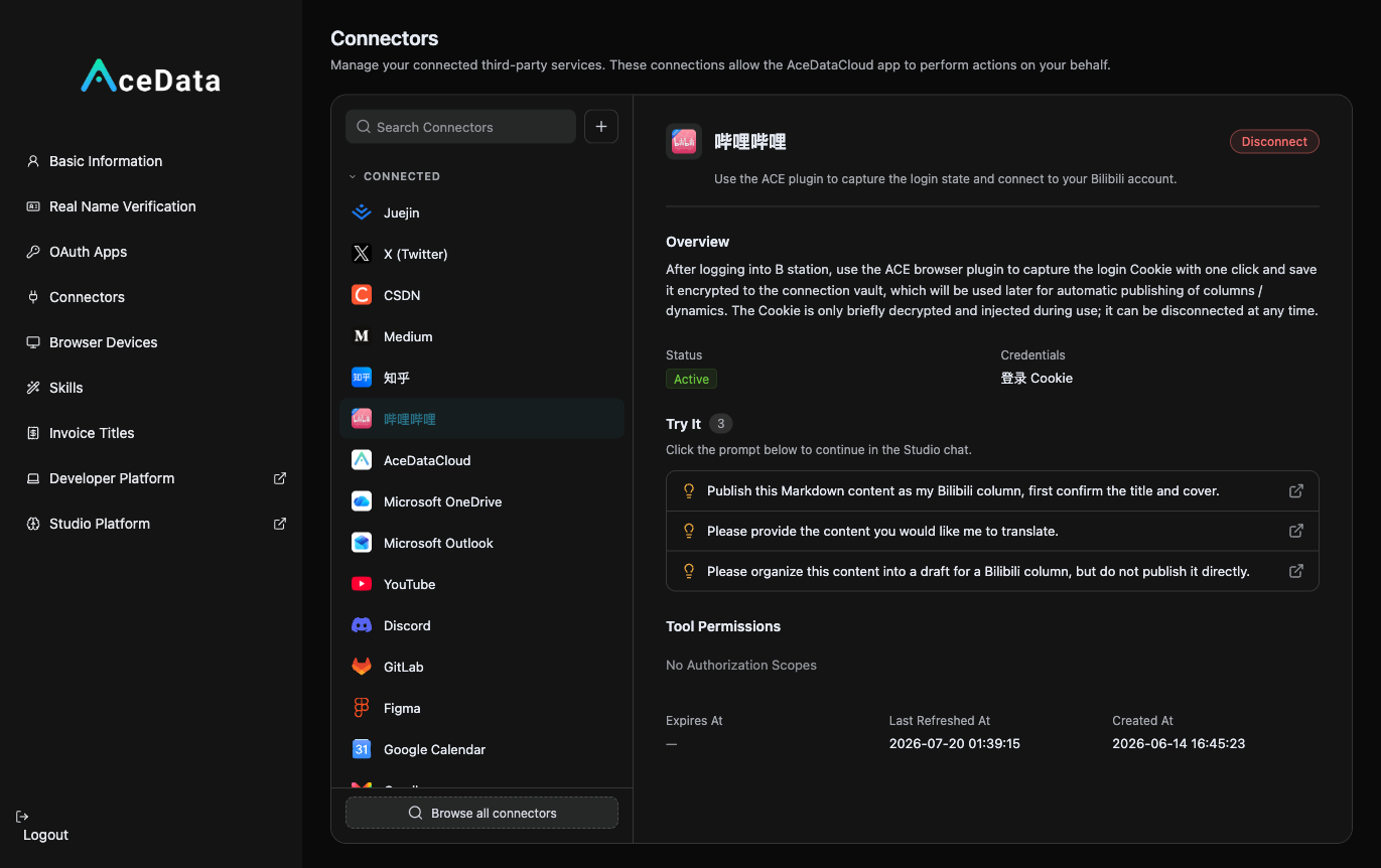Bilibili connector details: Login Cookie authorization, Active status, supports reading column statistics and publishing columns, including cover images