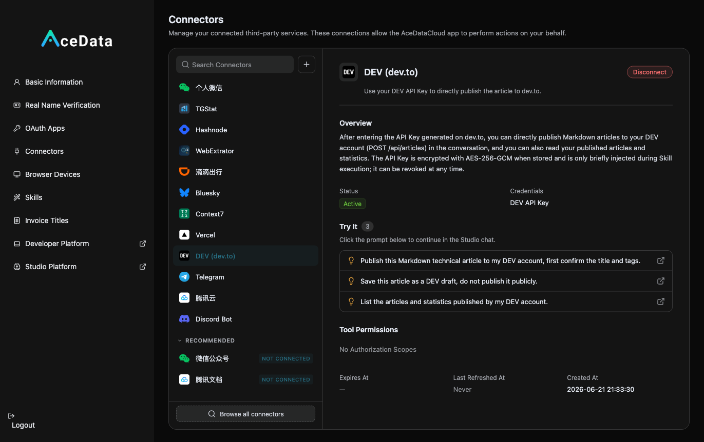 Dev.to Connector Details: API Key Authorization, Status Active, Publishing Markdown Technical Articles via Official Forem API
