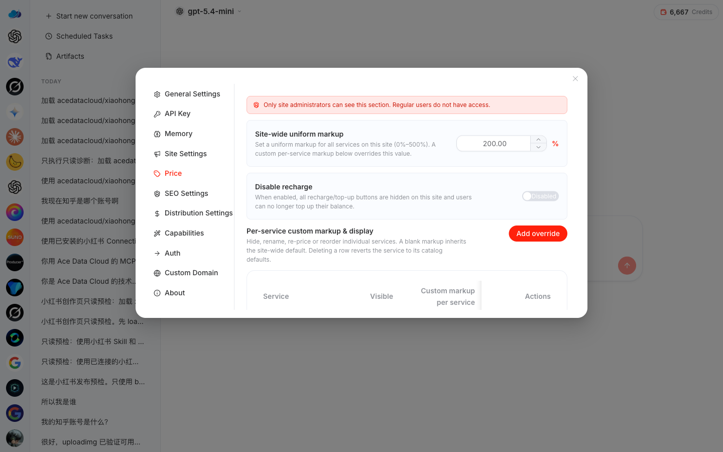 Price: Site-wide markup (here 200%), turn off recharge switch, service coverage table (visibility/markup/display name/sorting)