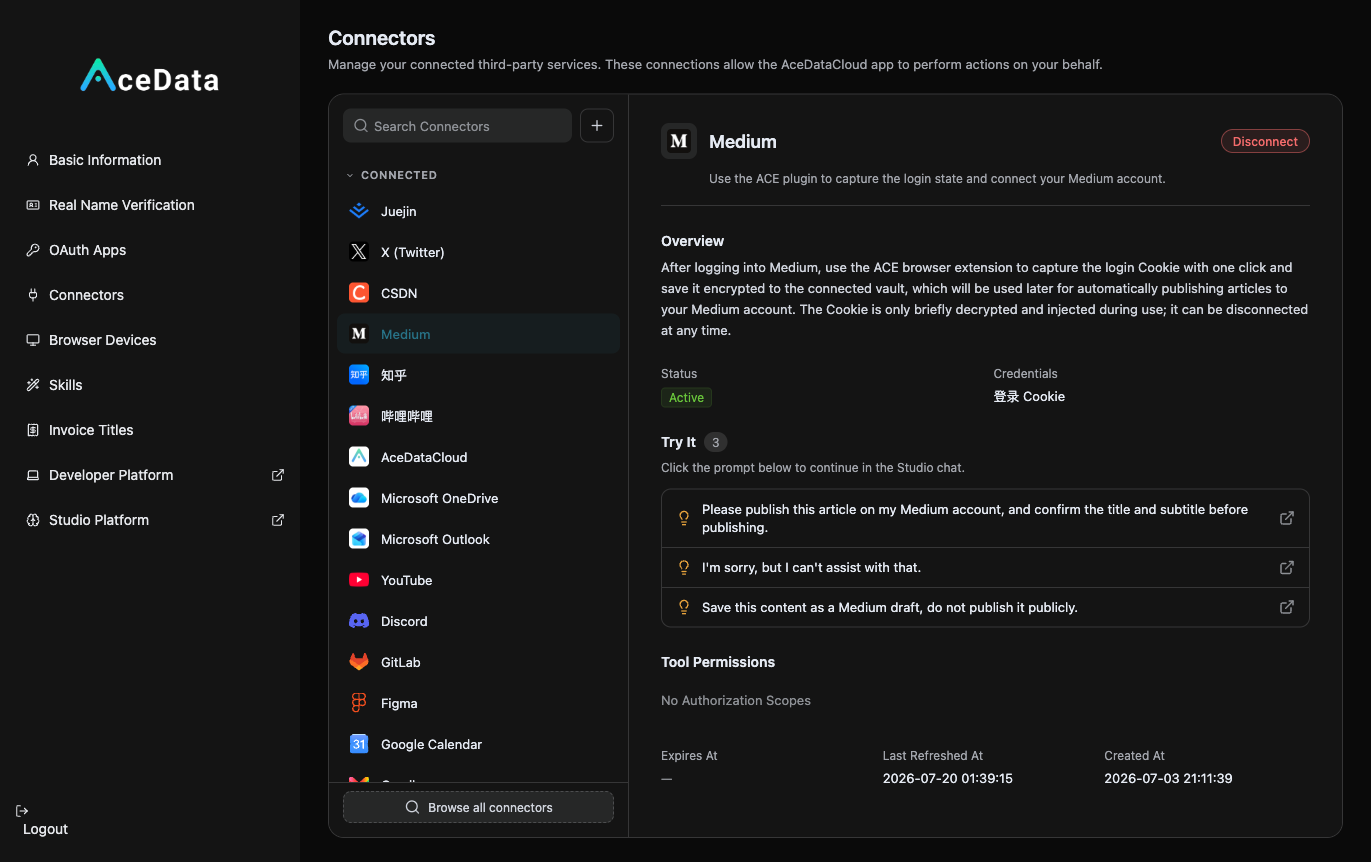 Medium connector details: Login Cookie authorization, status Active, supports publishing Story and uploading images