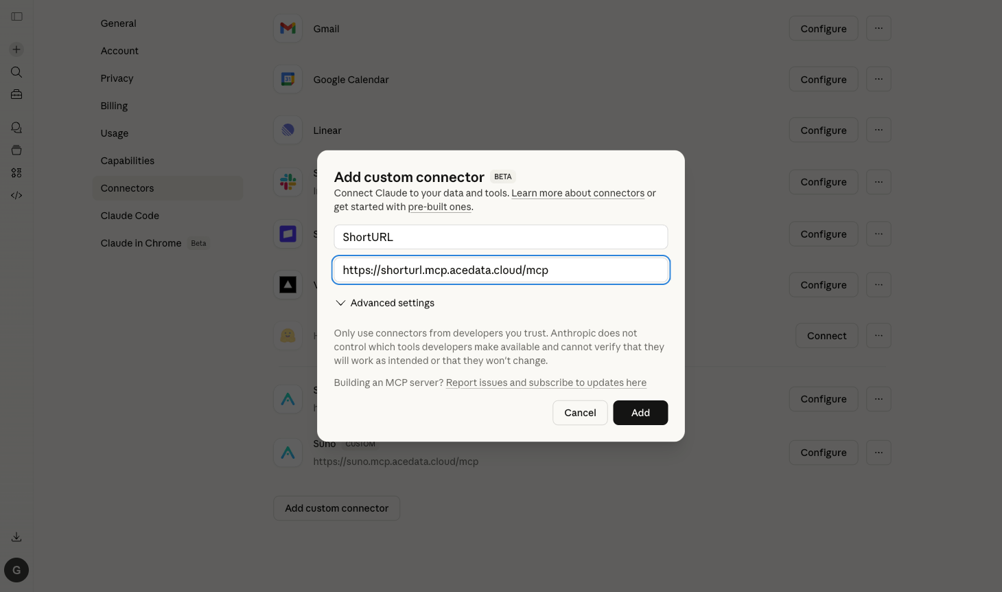 添加 ShortURL MCP Connector