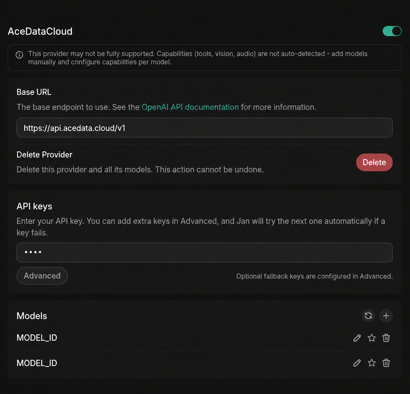 Jan Provider Model Management Screen