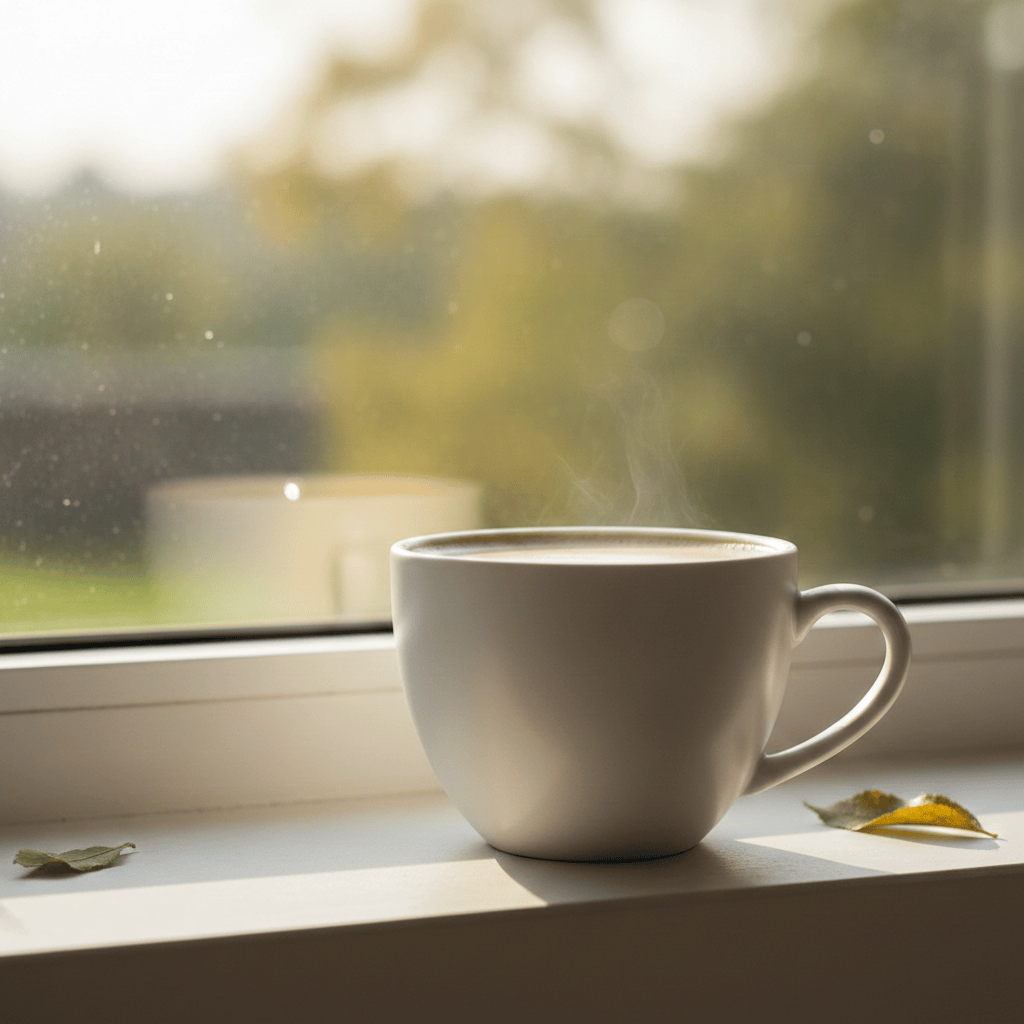 White porcelain coffee cup, morning light windowsill
