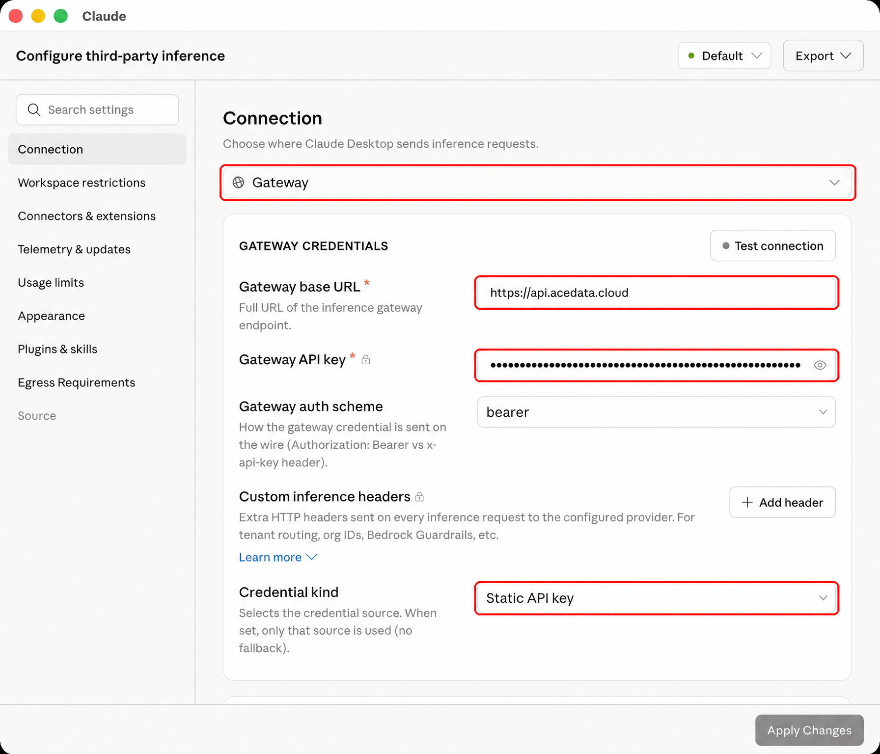 Claude Desktop Gateway Configuration Interface Example