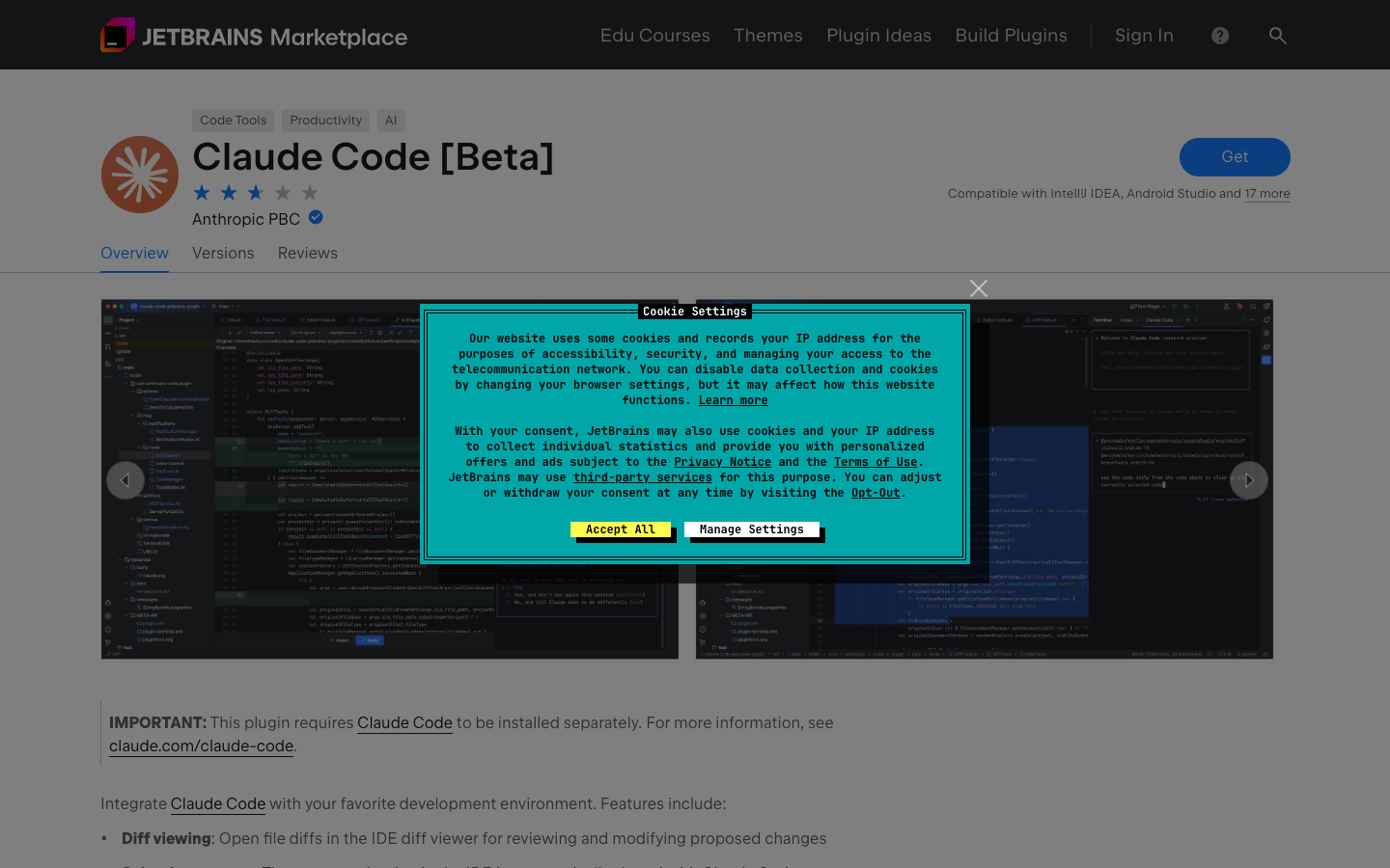 JetBrains Marketplace 中的 Claude Code 插件