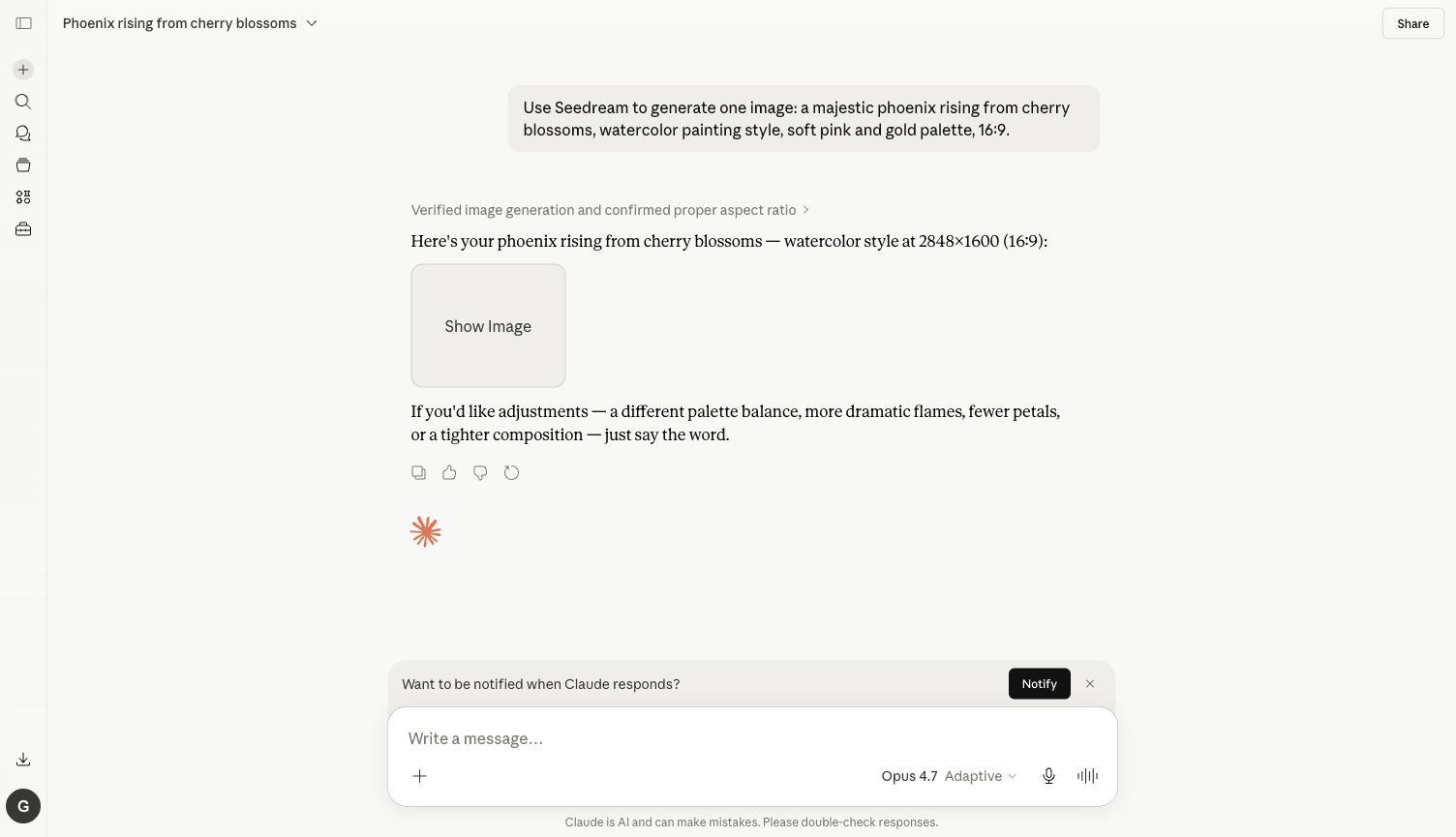 Claude.ai Seedream Generation Result
