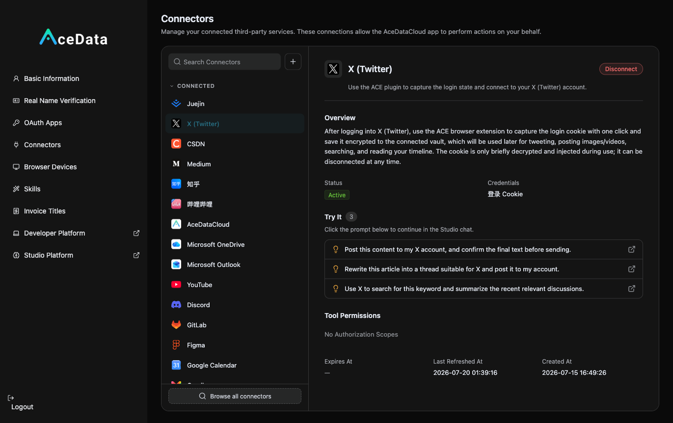 X (Twitter) Connector Details: Login Cookie Authorization, Status Active, Supports Single Tweets, Threads, and Images