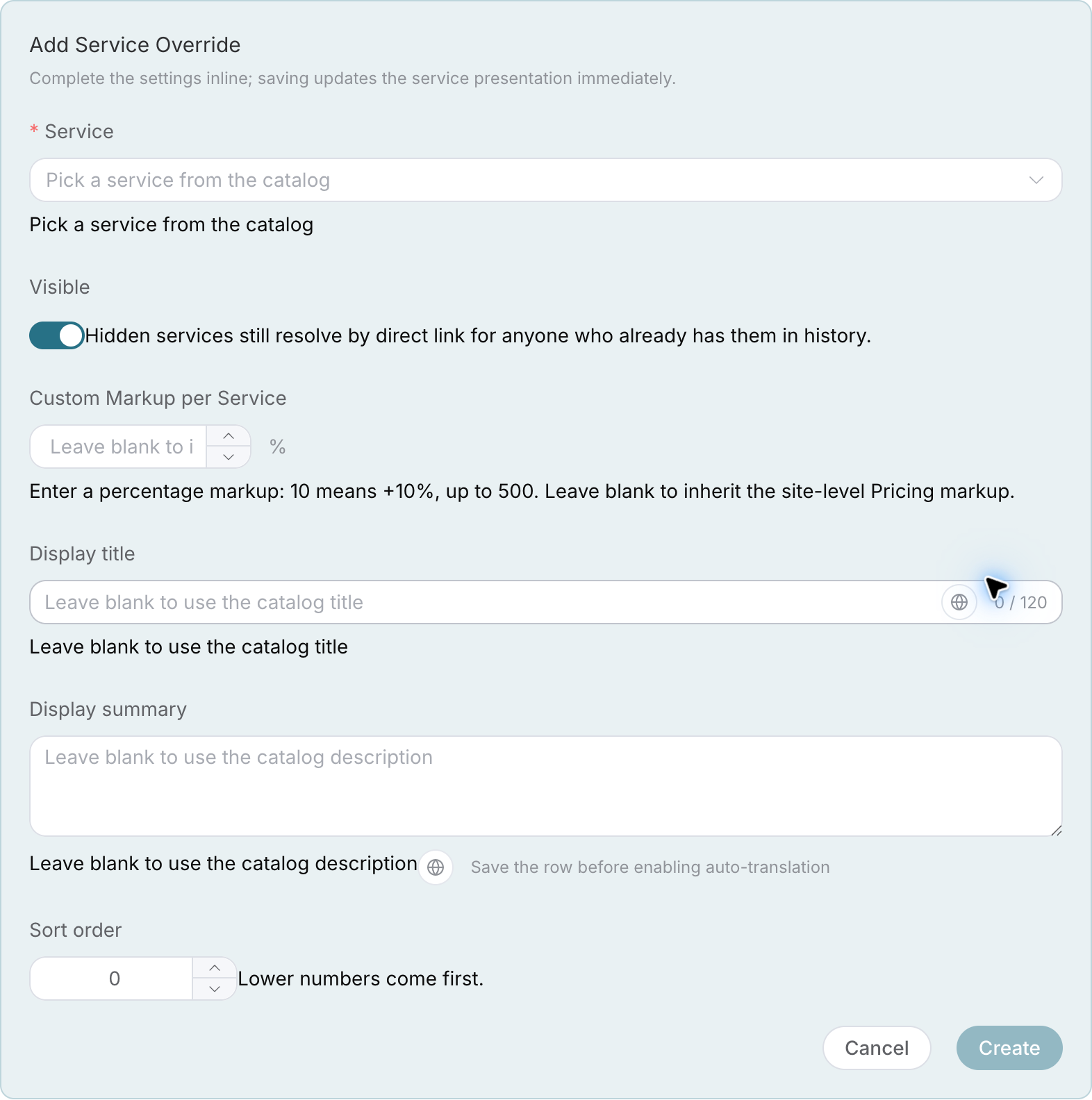 Add Service Coverage: Select Service, Set Visibility, Single Service Markup, Display Title, Summary, and Sorting
