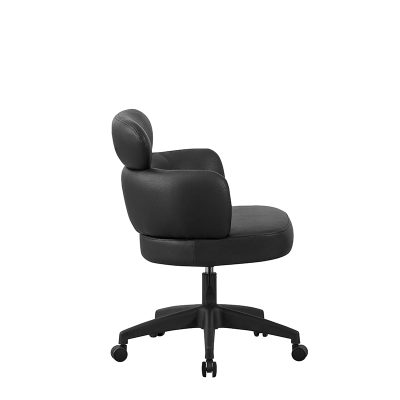 Side view of black upholstered swivel office chair