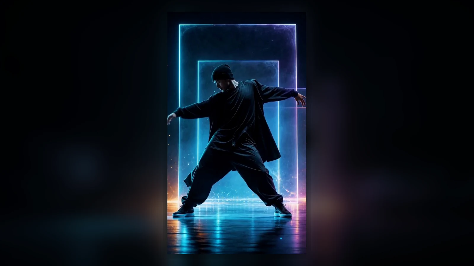Vertical video shot of a fictional dancer performing in front of a glowing teal and amber doorway