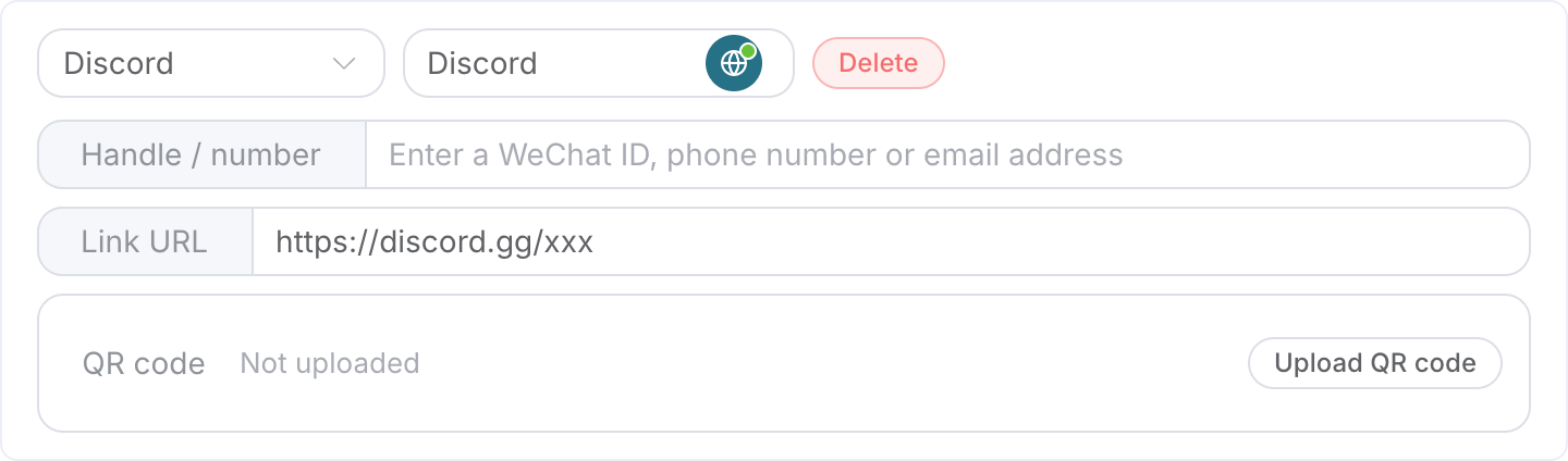 Customer service channel section: Select channel, fill in display name, and account, link, or QR code