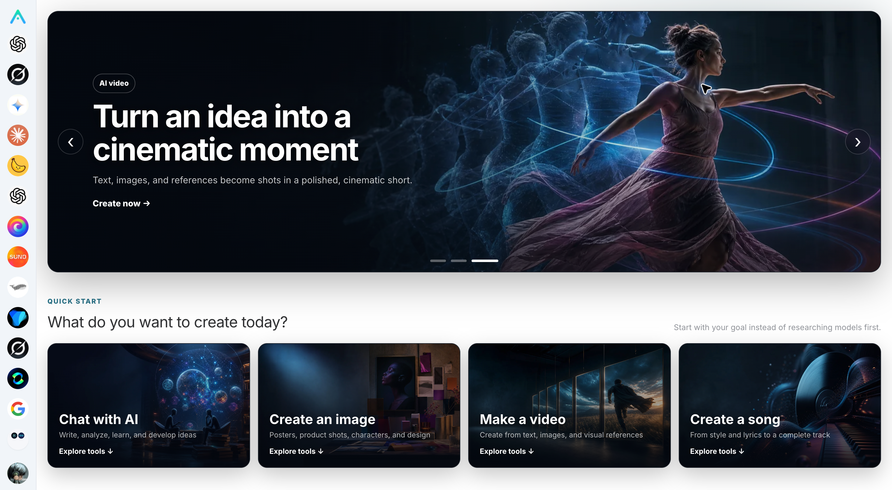 Studio English homepage: AI video recommendations, and four types of creation entrances for dialogue, images, videos, and songs