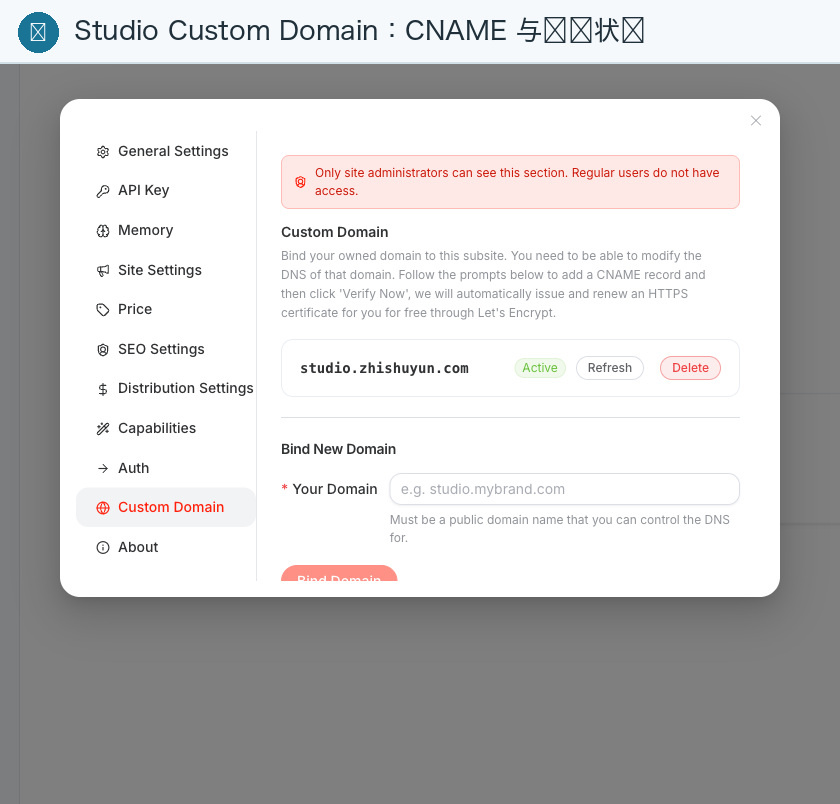 Studio Custom Domain: View CNAME target and certificate status
