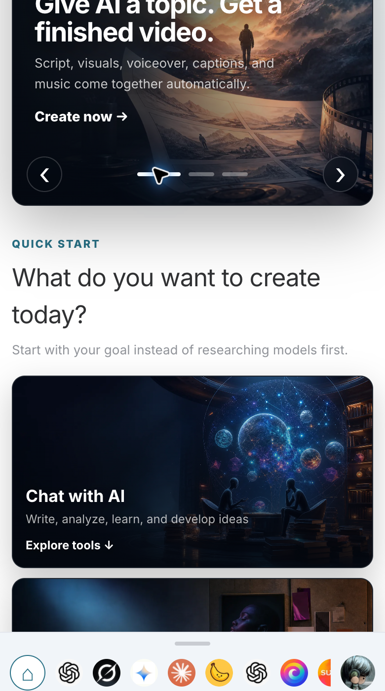 Studio English mobile interface: Quick start creation entry and bottom navigation