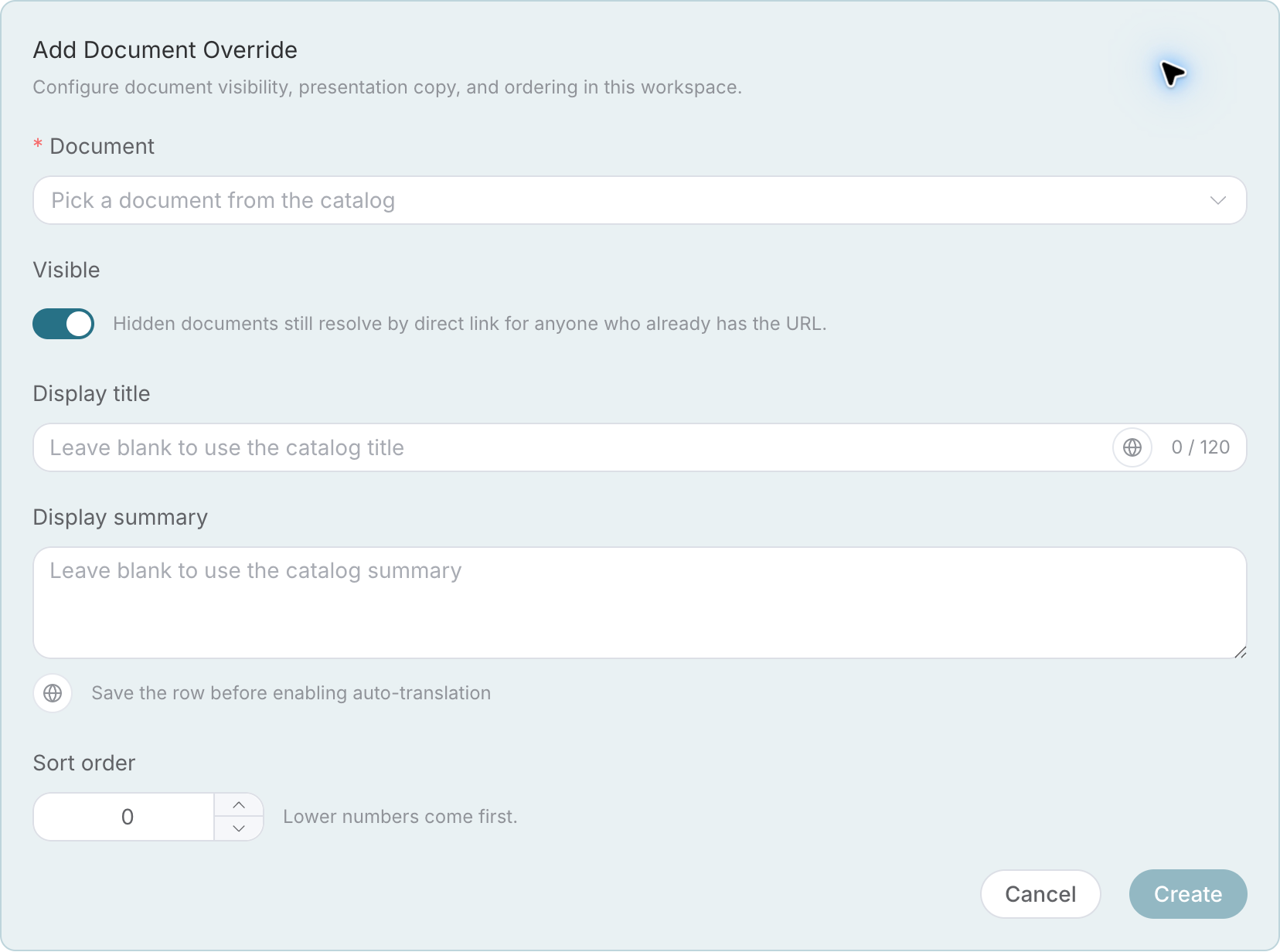 Add Document Coverage: First Select Document, Then Configure Visibility, Display Title, Summary, and Sorting