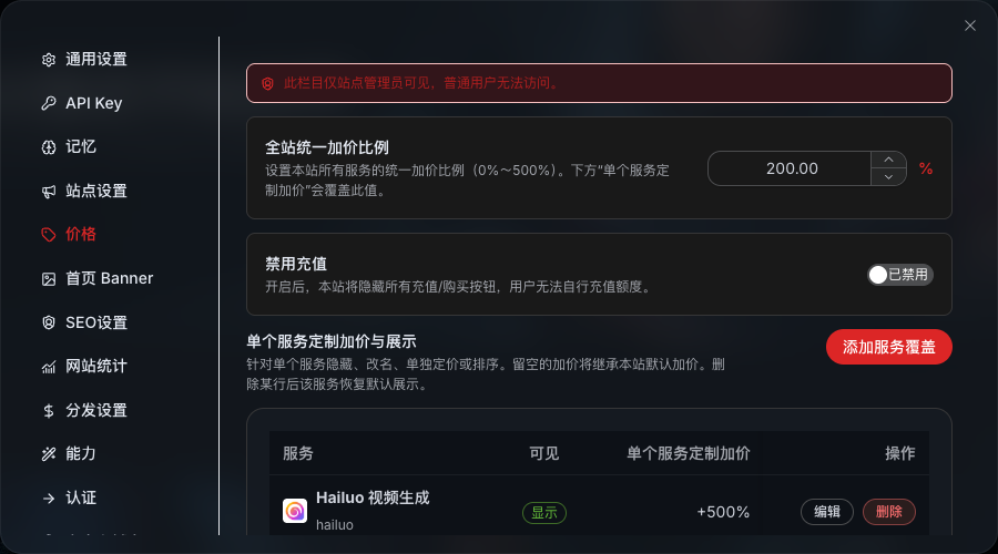 Studio Pricing Settings: Centralized management of overall site markup, hidden recharge, and single service coverage
