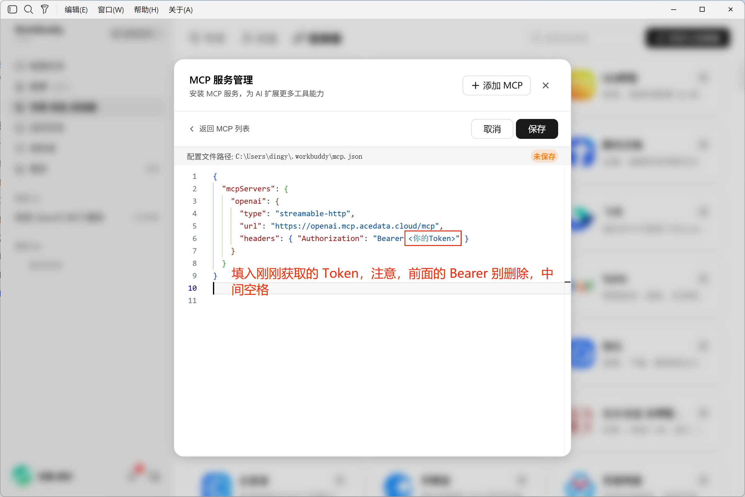 Enter the Token in the configuration editor and save; the red text is for illustration only