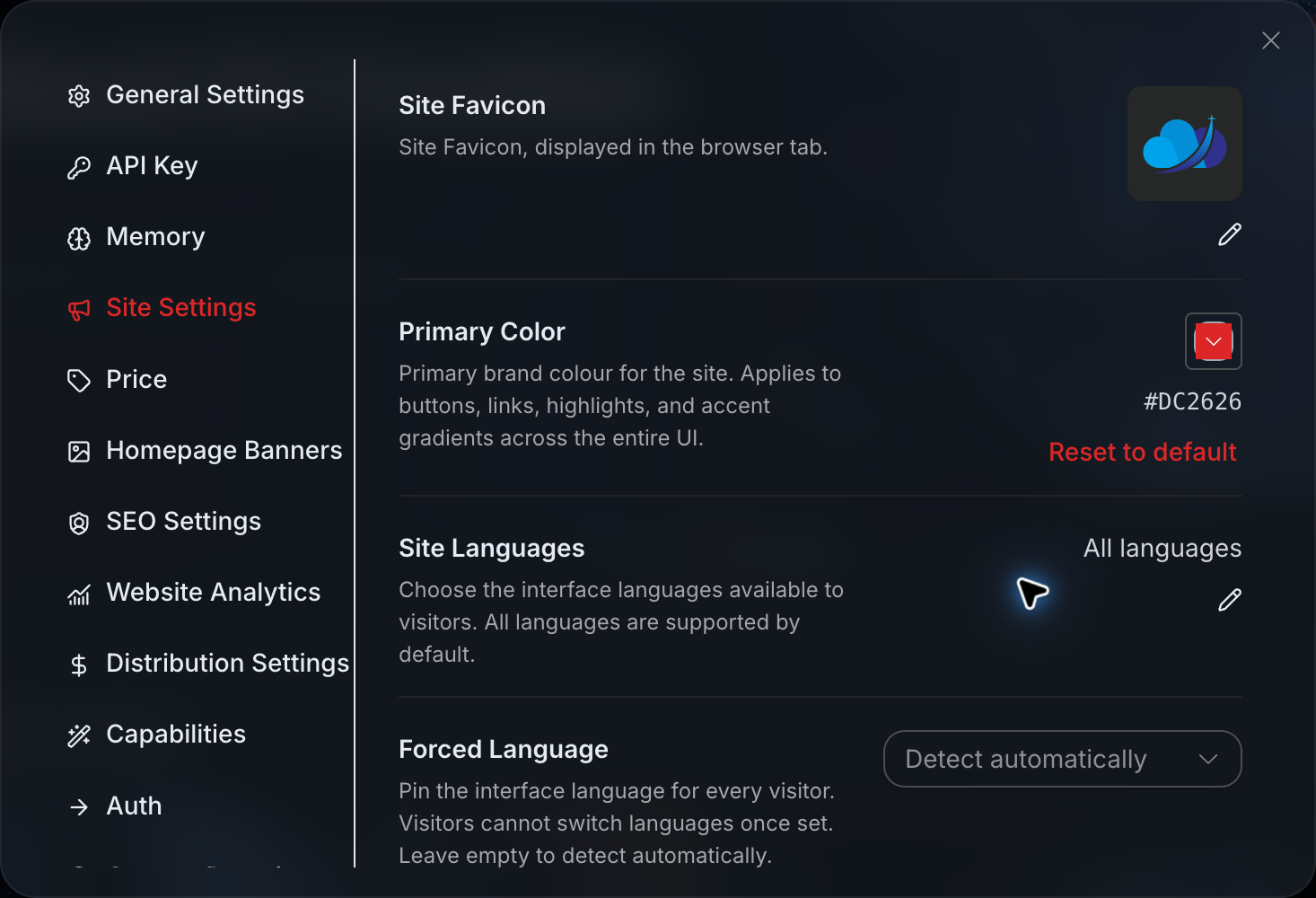 Studio Primary Color, Site Languages, and Forced Language