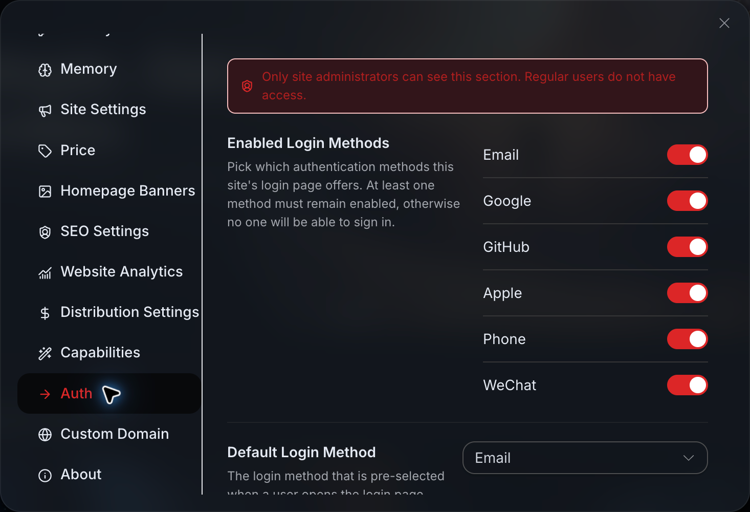 Studio Authentication Settings: Login Methods, Default Method, and Page Presentation
