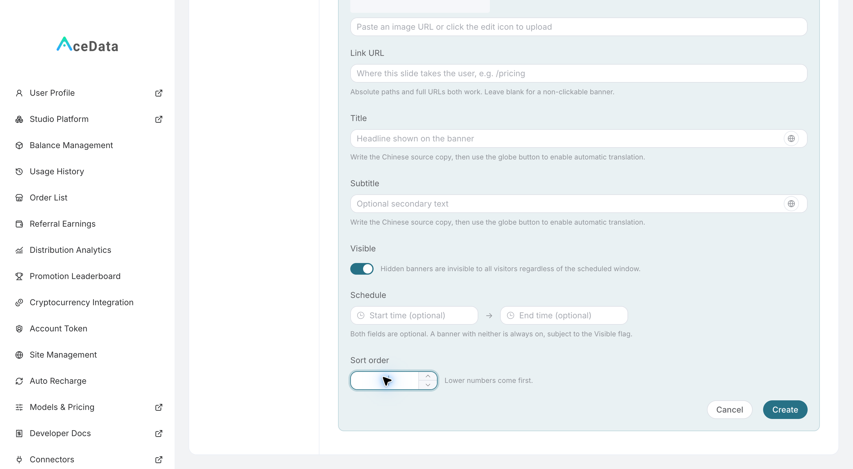 Platform Banner form lower part: Visibility, validity period, sorting, and create button