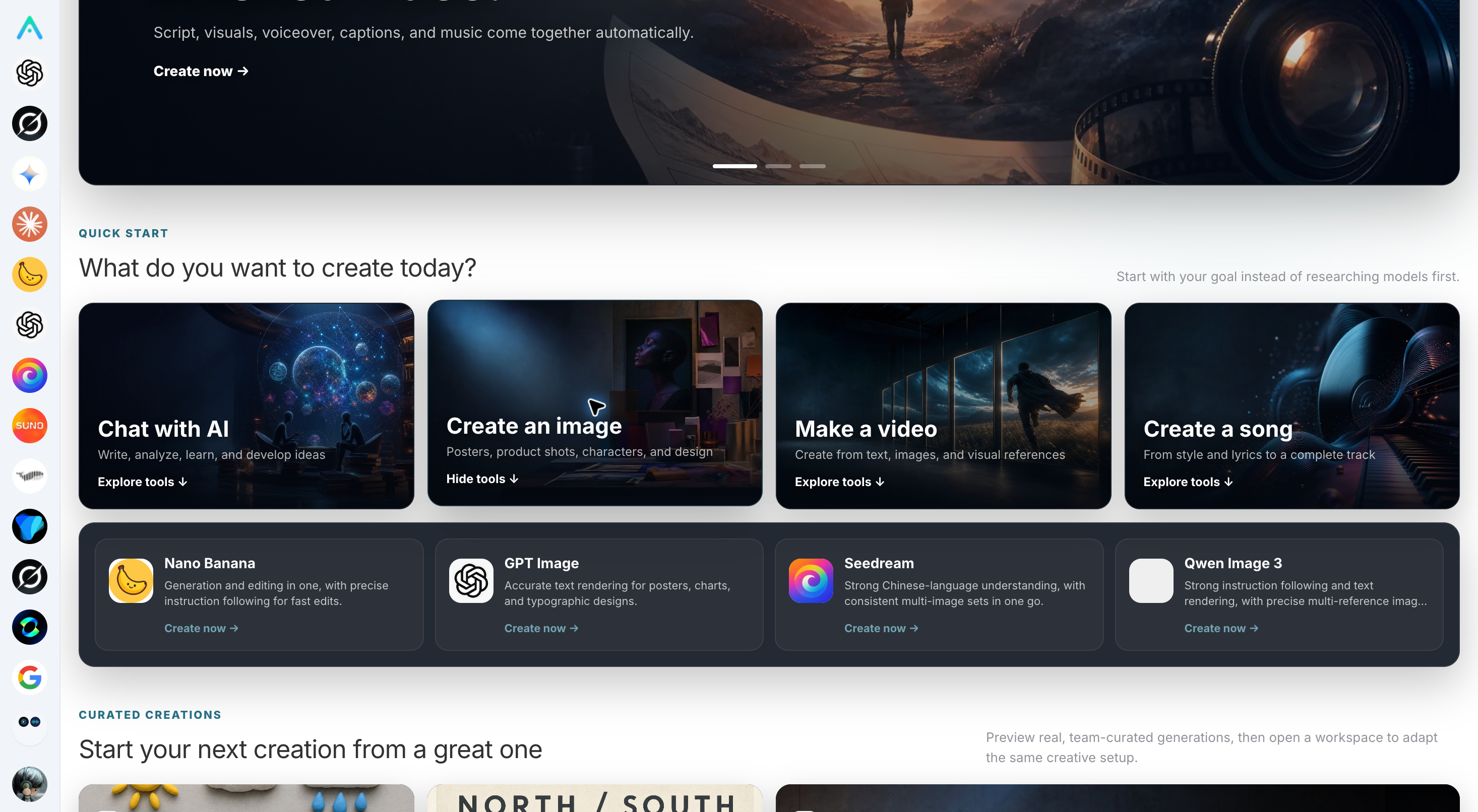 Studio homepage expands "Generate an Image": each tool is accompanied by a description of its use and an immediate creation entry