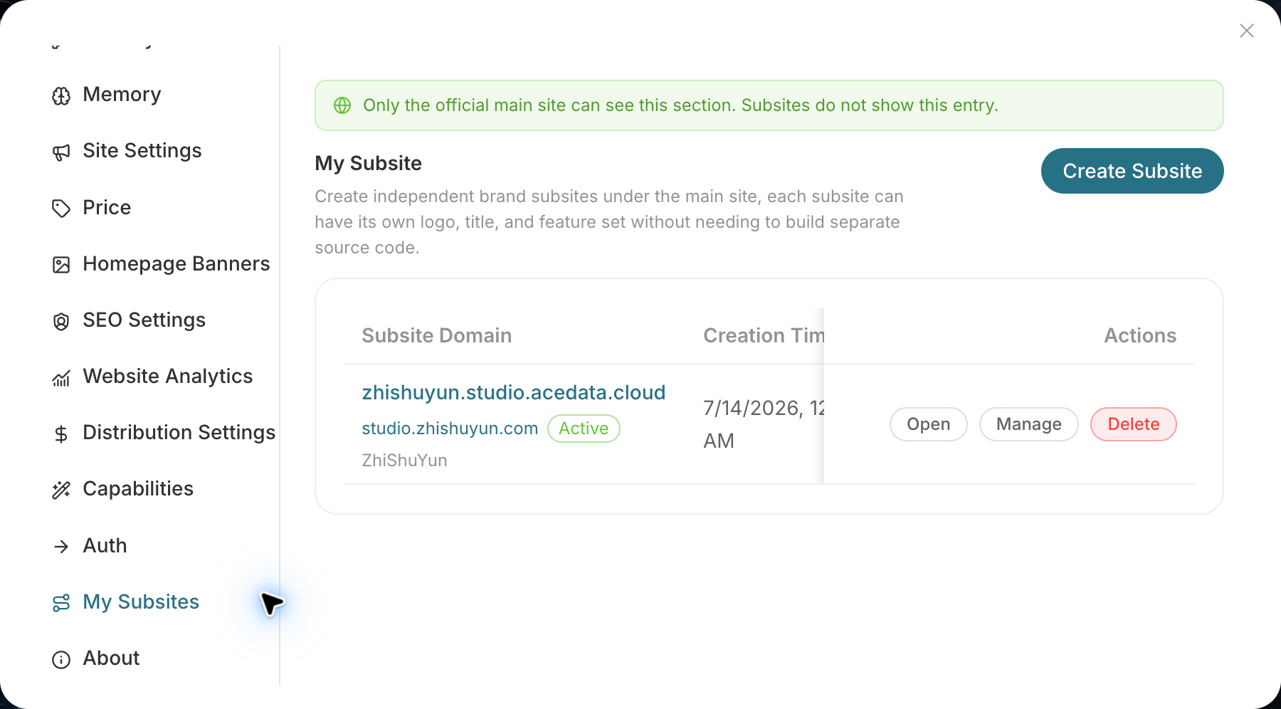 Official Studio's "My Subsites": create a subsite here, or open and manage existing subsites