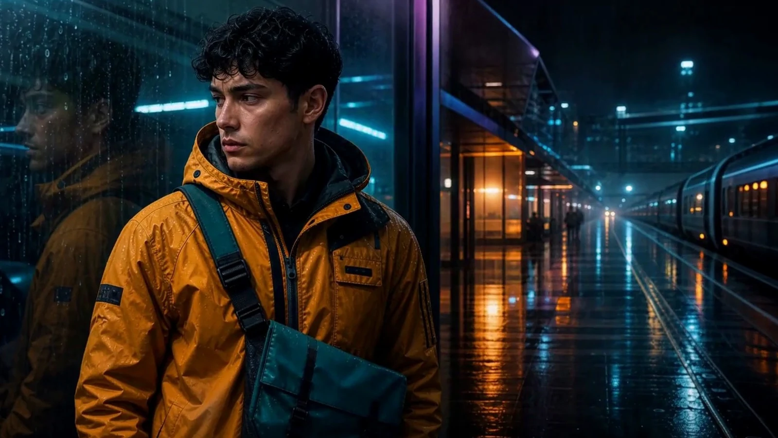 A fictional courier wearing an amber jacket and carrying a teal shoulder bag stands at a train station on a rainy night