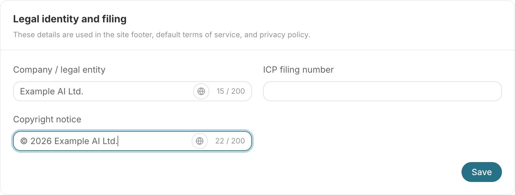 Platform Legal identity and filing: Entity name, filing number, and copyright information