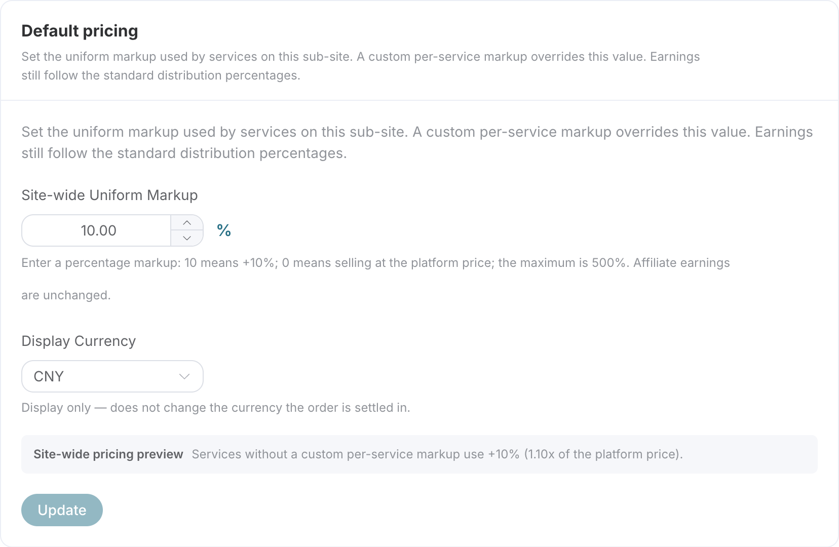 Platform Services and Pricing: Overall Site Markup, Display Currency, and Service Coverage