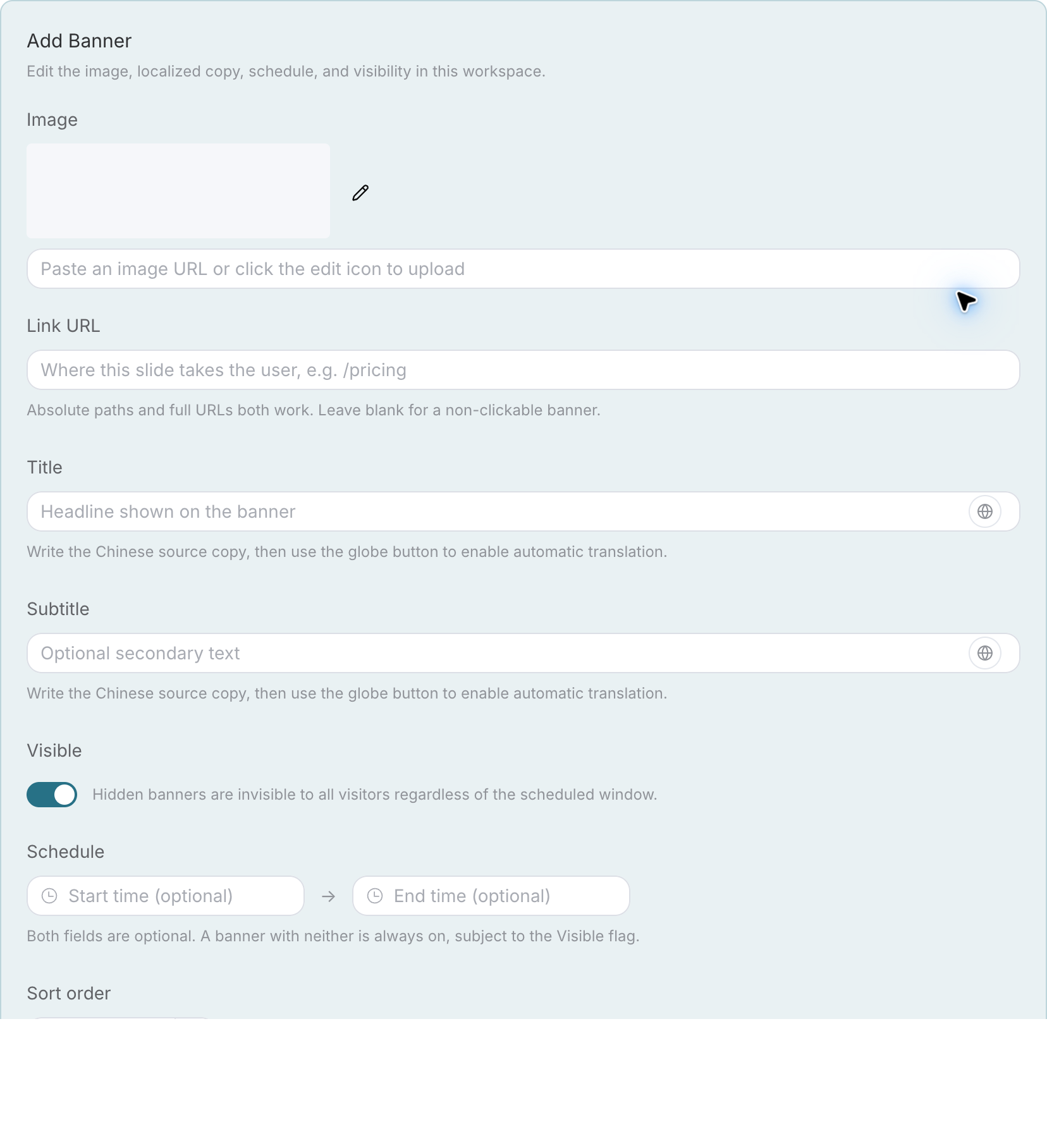 Add Banner form upper part: Image, link, title, subtitle, visibility, and validity period