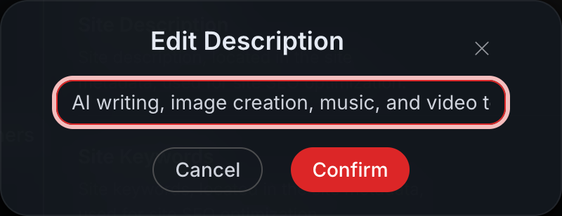 Studio Edit Description: Example of Editing Site Description in English