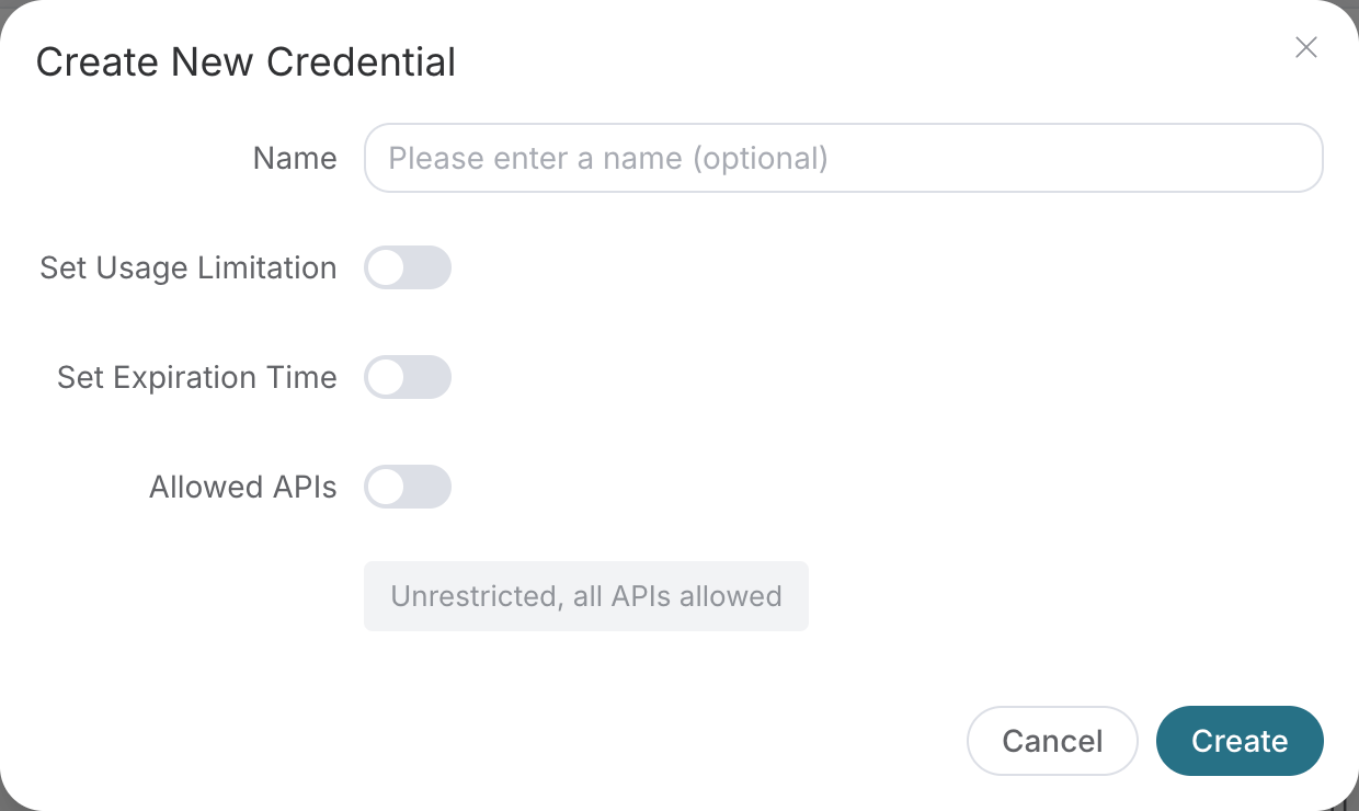 API Platform's new credential creation form: Name, Usage Limits, Expiration Time, and Allowed APIs