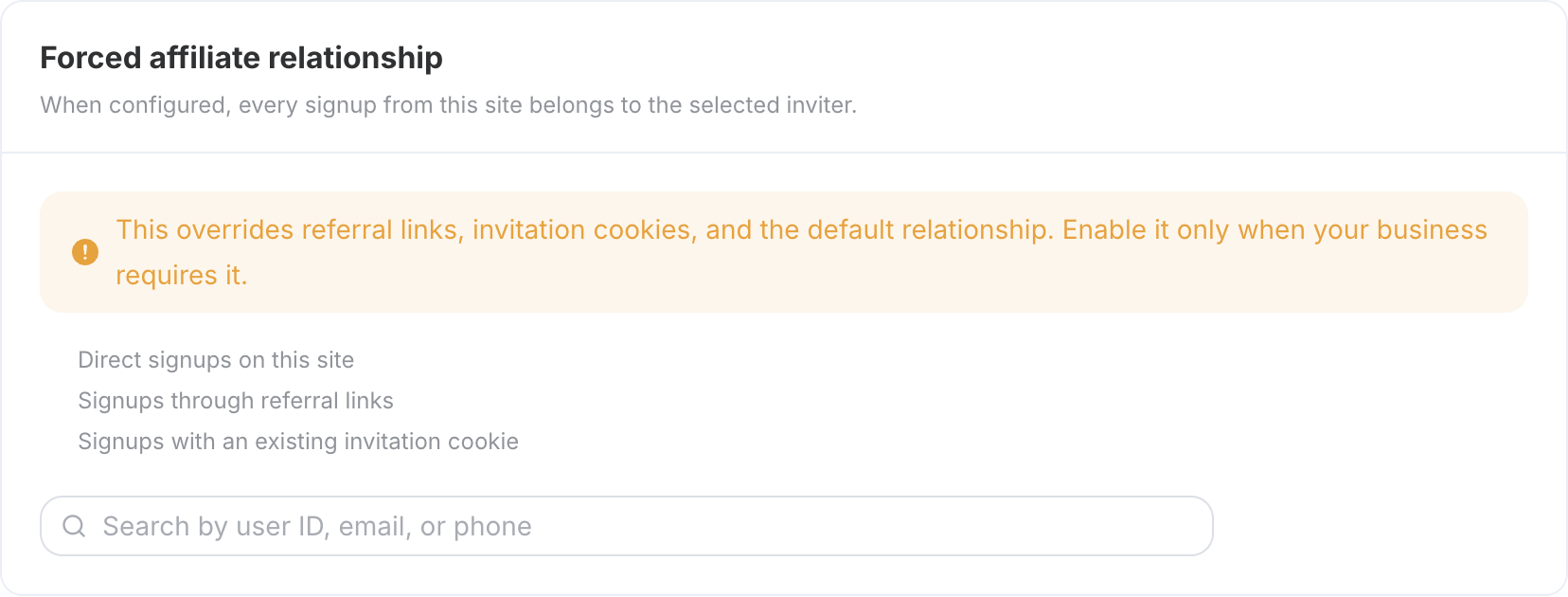 Mandatory distribution relationship of API Platform: The page clearly reminds that it will override promotional links, invitation cookies, and default relationships