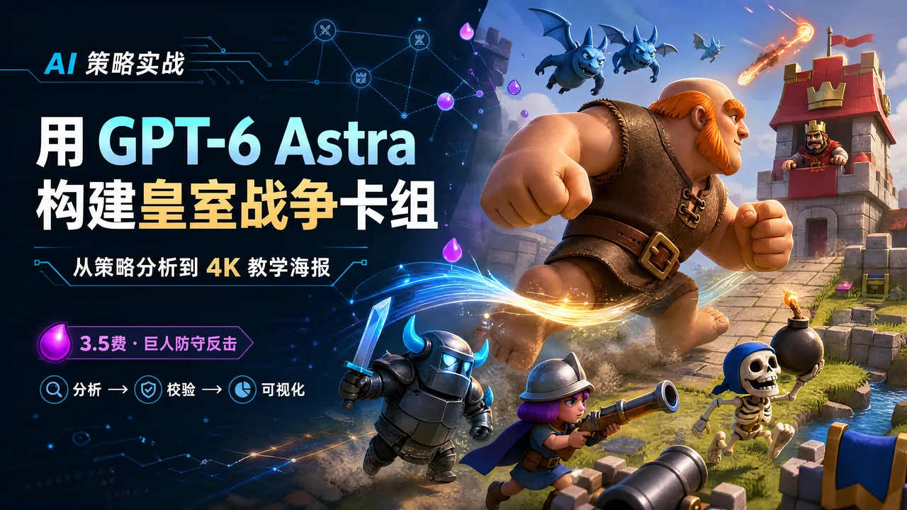 用GPT-6 Astra构建皇室战争卡组:AI策略分析与巨人防守反击的4K横版封面