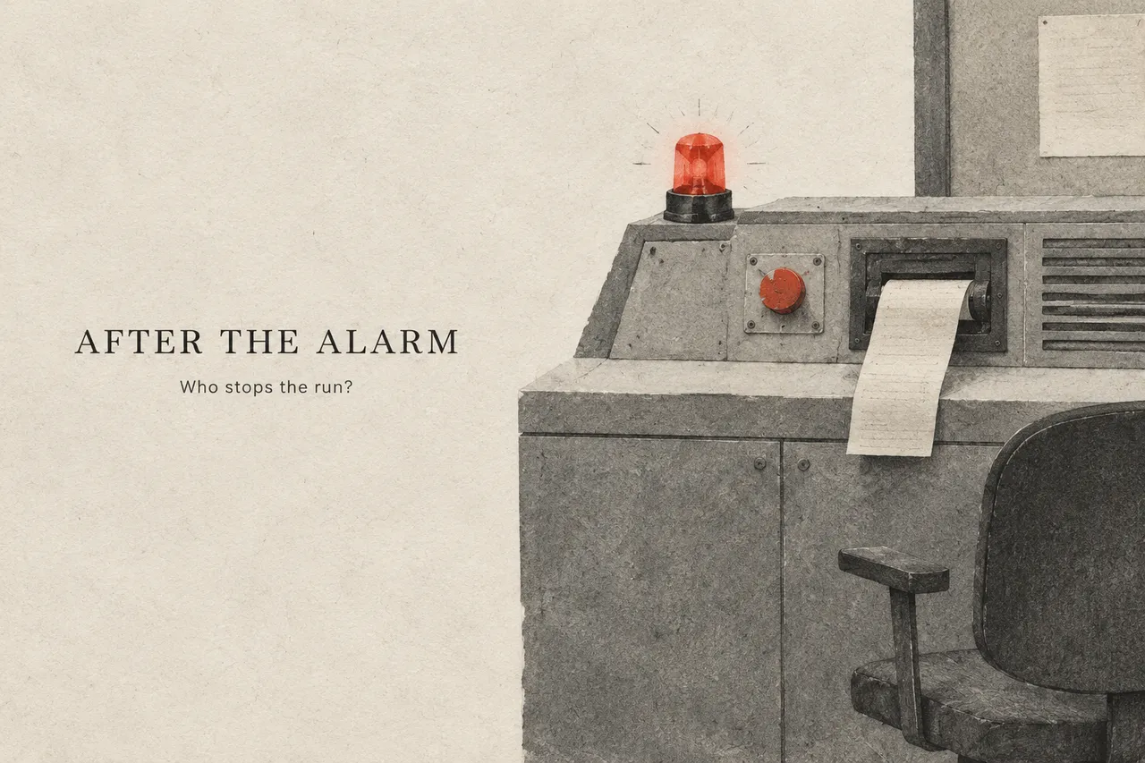 알람 이후 — 누가 실행을 중단하는가? AI 생성 보안 경보 테마 콘셉트 일러스트, 사고 현장 재현 아님.