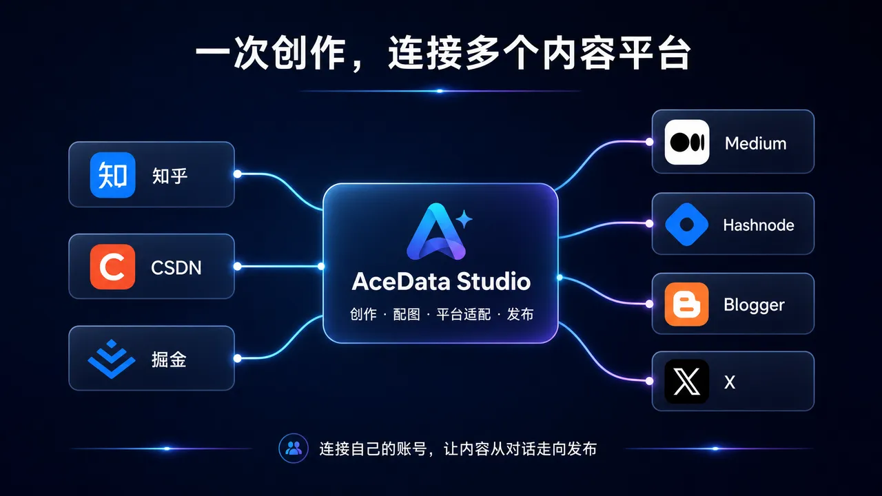 AceData Studio 连接知乎、CSDN、掘金、Medium、Hashnode、Blogger 和 X 的内容创作与发布示意图