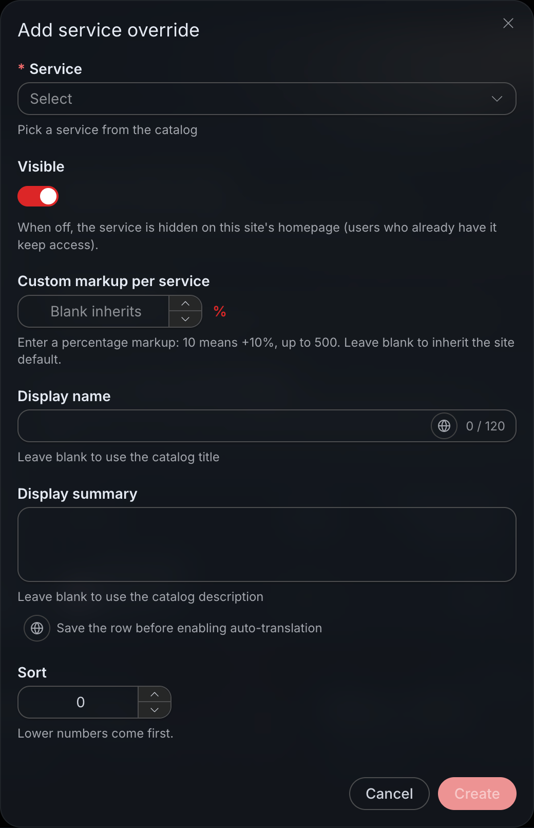 Studio individual service override form: select service, markup, display name, description, and sorting