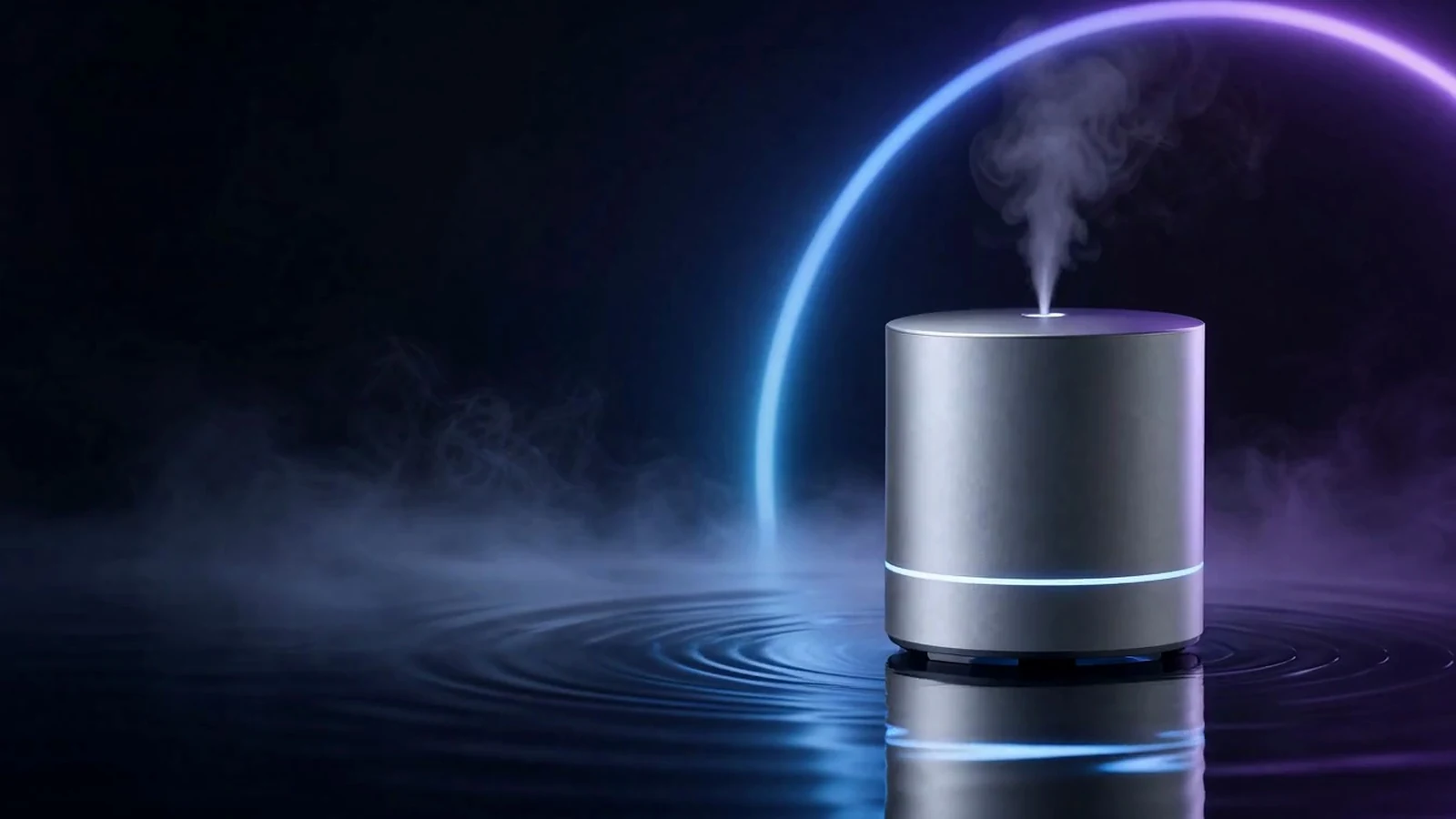 Commercial video shot of a silver fragrance device amid blue-purple lighting and water reflections