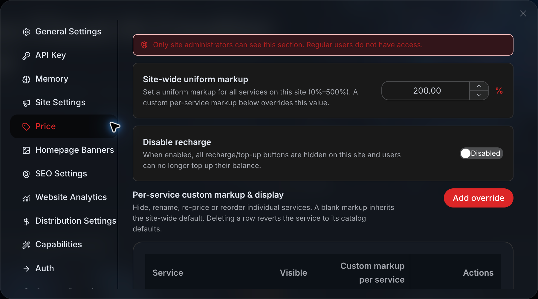 Price settings: site-wide markup and per-service overrides; the values in the screenshot are for illustration only