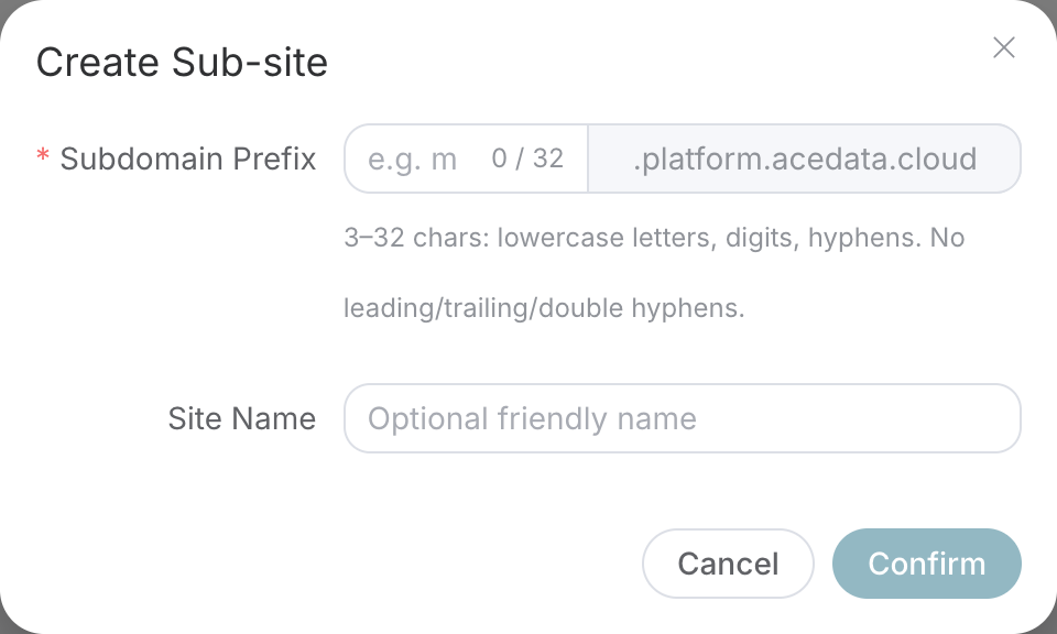 Actual form for creating an API subsite: subdomain prefix and site name