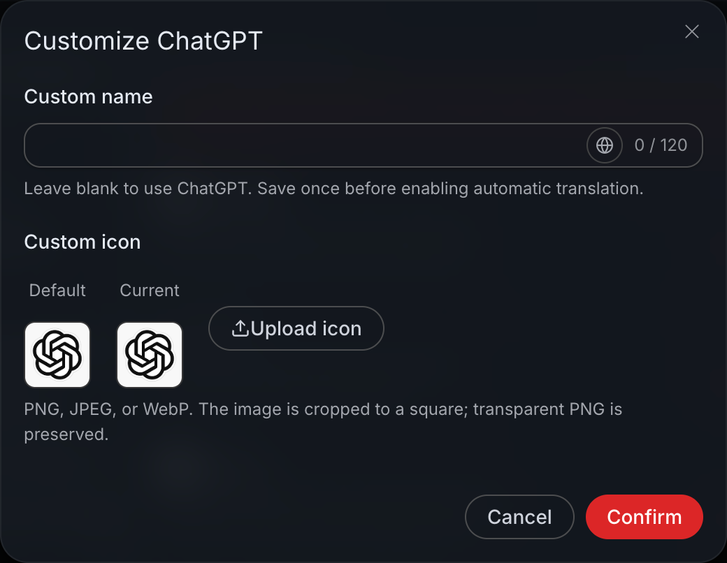 Studio Customize ChatGPT: set the app name and icon