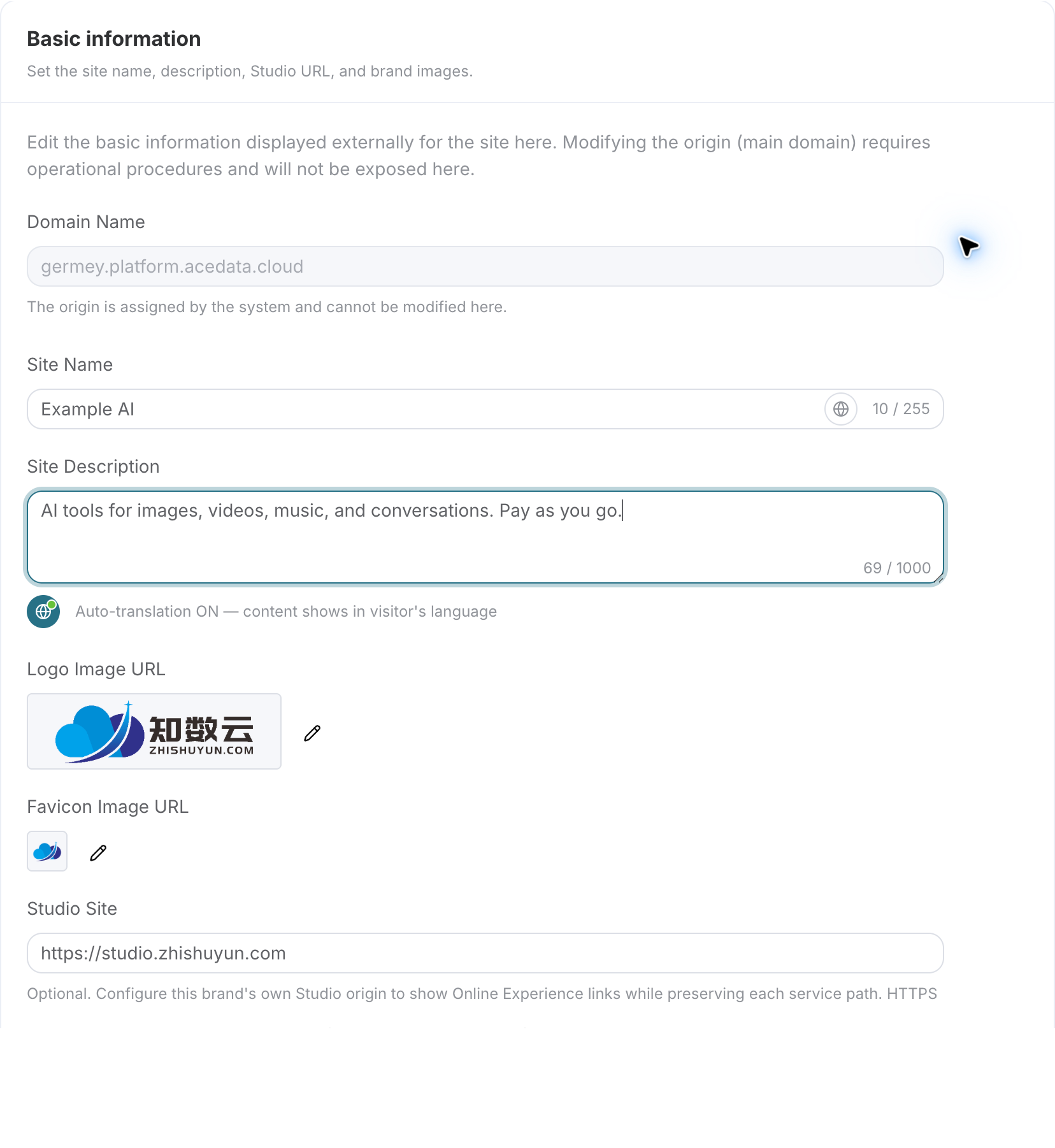 Platform Basic information: Site name, description, and brand images