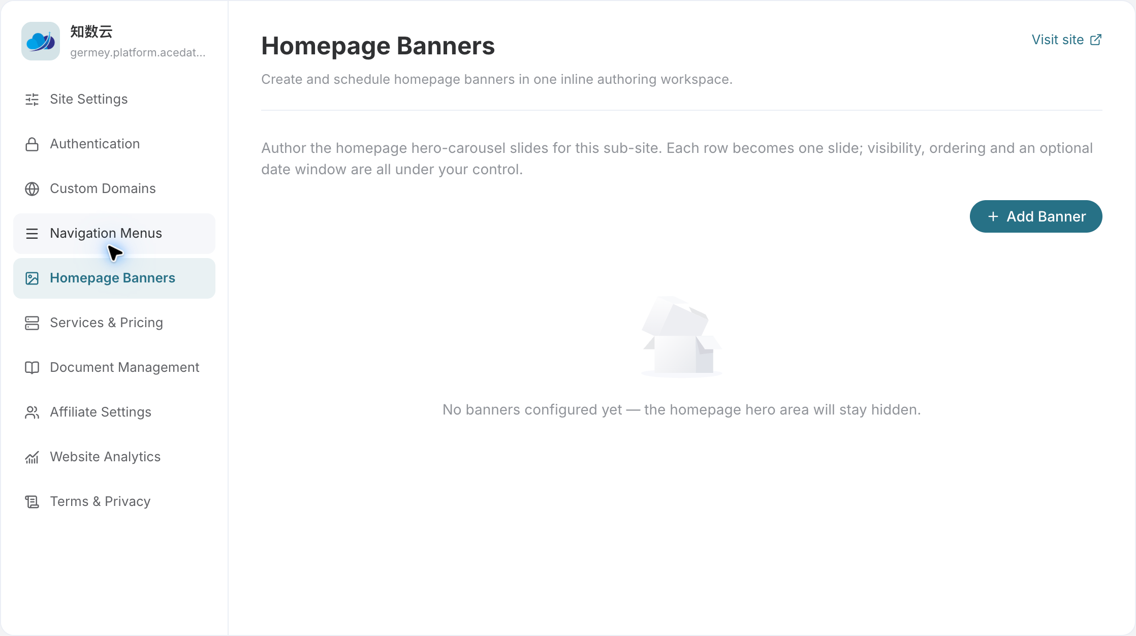 Platform Homepage Banner: When not configured, it will show the add entry and empty state