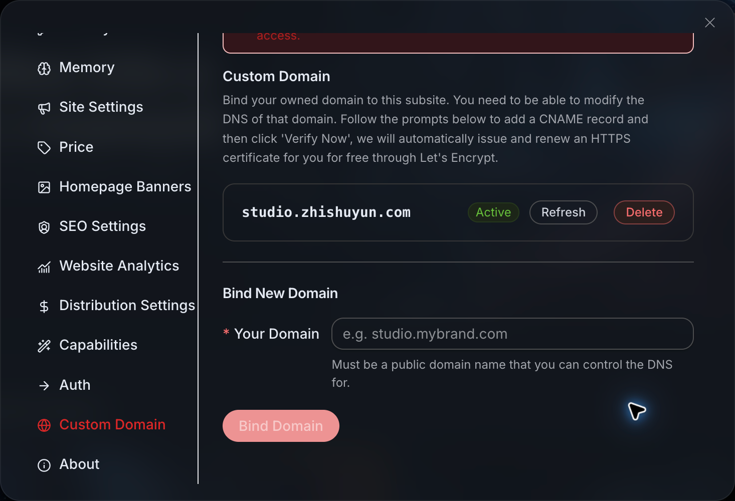 Custom domain: after binding the address, copy the CNAME provided on the current page