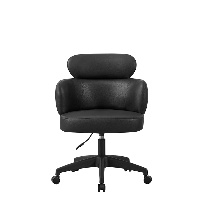 Black upholstered swivel office chair with armrests and headrest